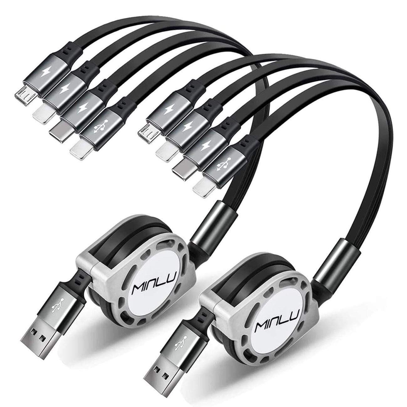 Minlu 2Pack 1.2M Retractable Multi Fast Charger Cable 4A, 4 in 1 Charging Cable with Dual IP/Type C/Micro USB Port Adapter Compatible with Phone/Huawei/Samsung Galaxy/Pixel/Sony/LG/Tablets