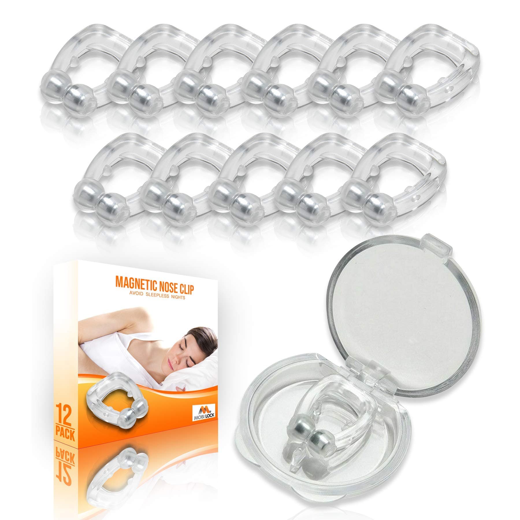 Mobi Lock Magnetic Nasal Clip (Pack of 12) - Silicone Nose Clip - A Simple Solution for Nasal Snorers - Reusable Snoring Device to Enjoy a Peaceful Night's Sleep