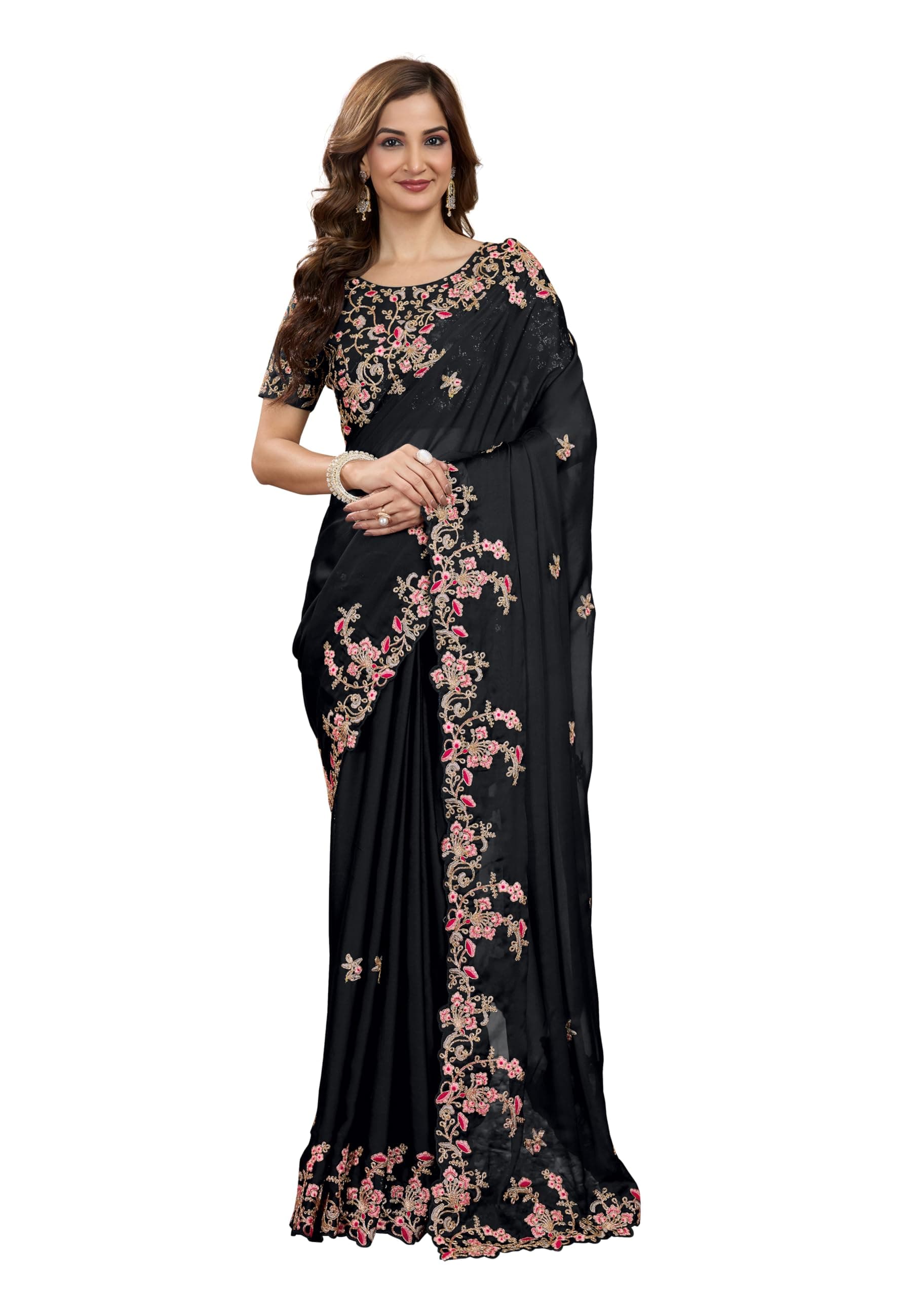 Women's Rangoli Silk Embroidery Saree with Unstitch Blouse Piece Saree for Women