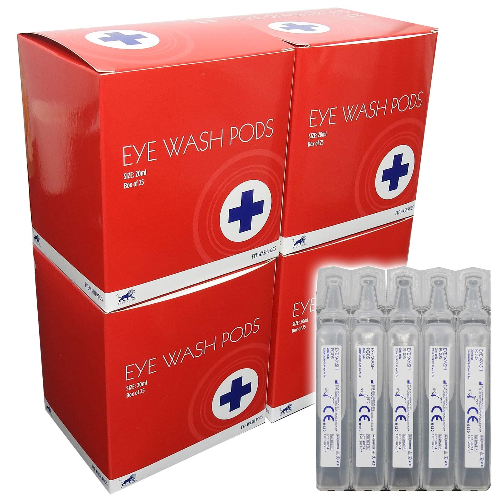 4 Boxes, 100x 20ml Blue Lion Sterile Saline Eyewash Cleansing Solution Pods