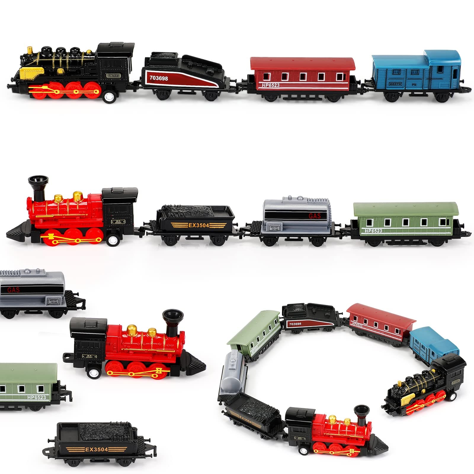 Hanaive 2 Sets Train Toys Small Pull Back Alloy Retro Steam Train with 3 Cars Simulation Model Diecast Locomotive for Boys Girls Birthday Party Favor School Classroom Teacher Reward Gifts(Black,Red)