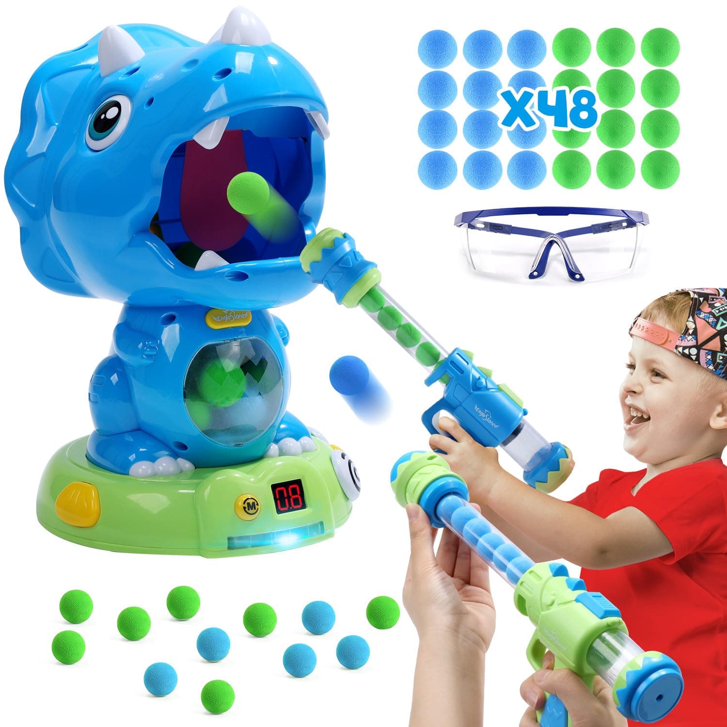 EagleStoneMoveable Dinosaur Shooting Toys Triceratops Action,Kids Shooting Games with LCD Score Record&LED, Enhancing Hand-Eye Coordination Toys for Boys and Girls