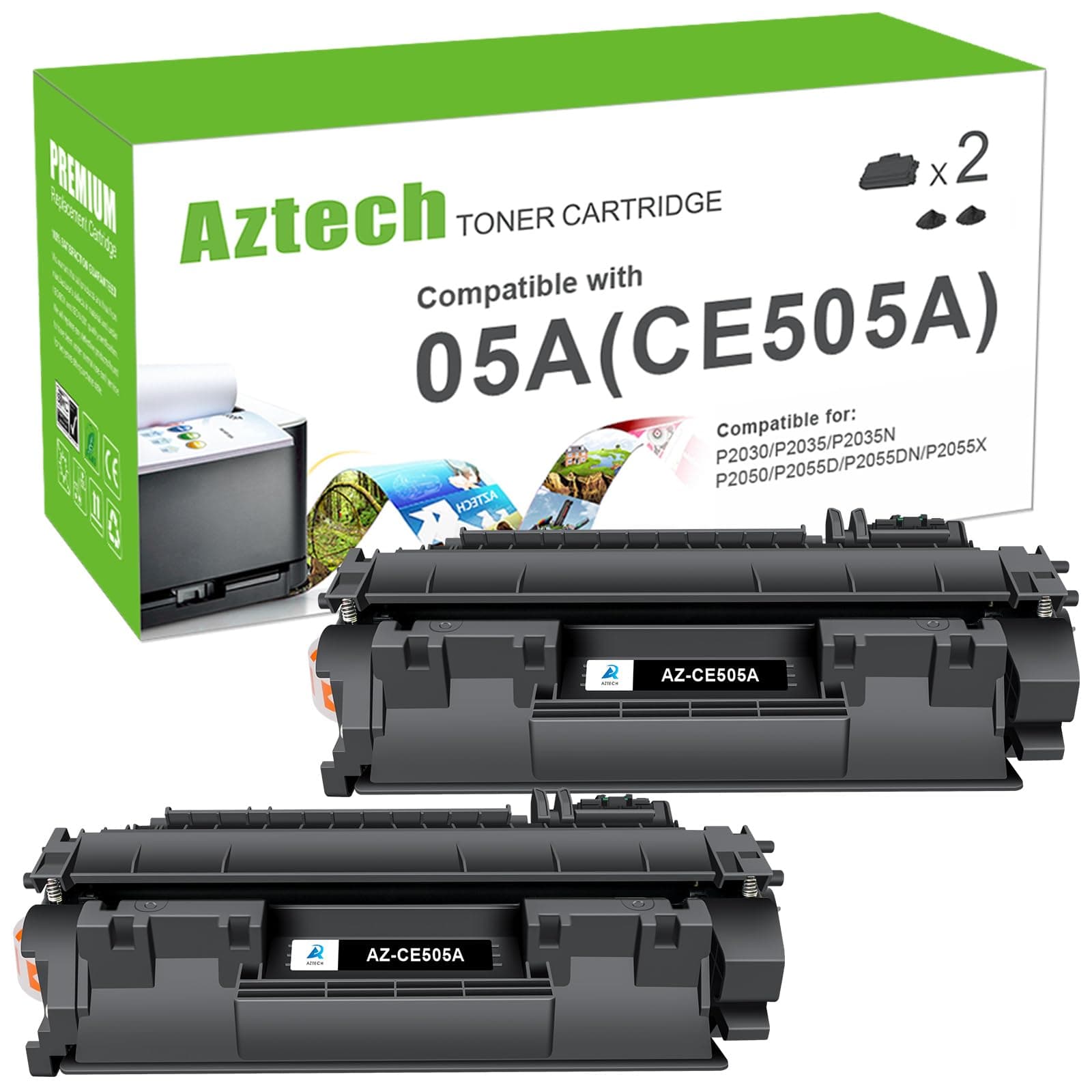 Aztech Compatible Toner Cartridge Replacement for HP CE505A 05A P2035 P2055DN P2055 P2055D P2050 P2055X Toner (Black, 2-Pack)