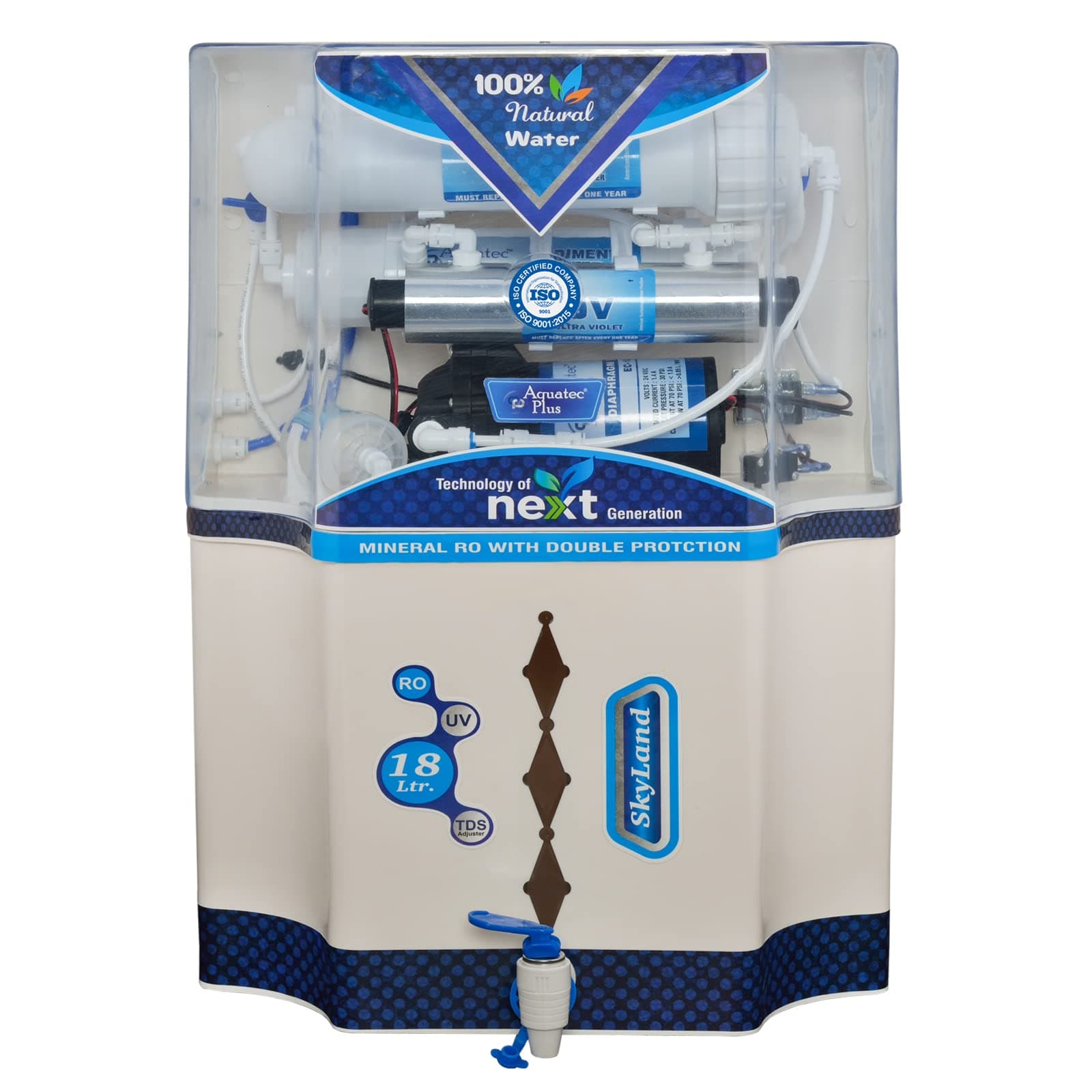 Aquatec Plus - SkyLand 18L RO + UV + UF + TDS Water Purifier for Home (White) Work Up to 2500 TDS
