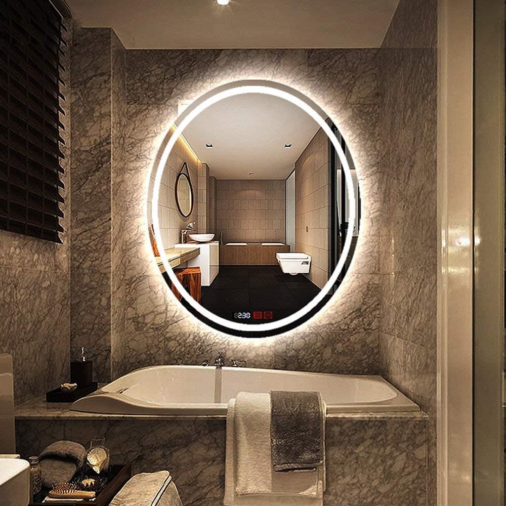 500x700mm LED Illuminated Bathroom Mirror Light, Make Up Dressing Wall Mounted Explosion-proof Mirror with Sensor Touch Switch+Digital Clock+Temperature Display+Demister (Oval, White light)