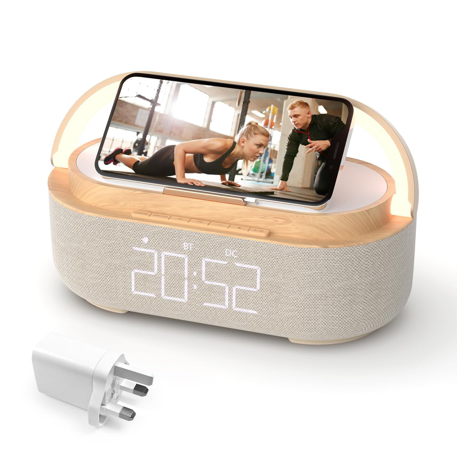 Radio Alarm Clock Bluetooth Speaker, 15W Wireless Charger Alarm Clocks Bedside, Night Light, Loud Volume for Heavy Sleepers, Snooze, Dimmable LED Display, 2500mAh Battery