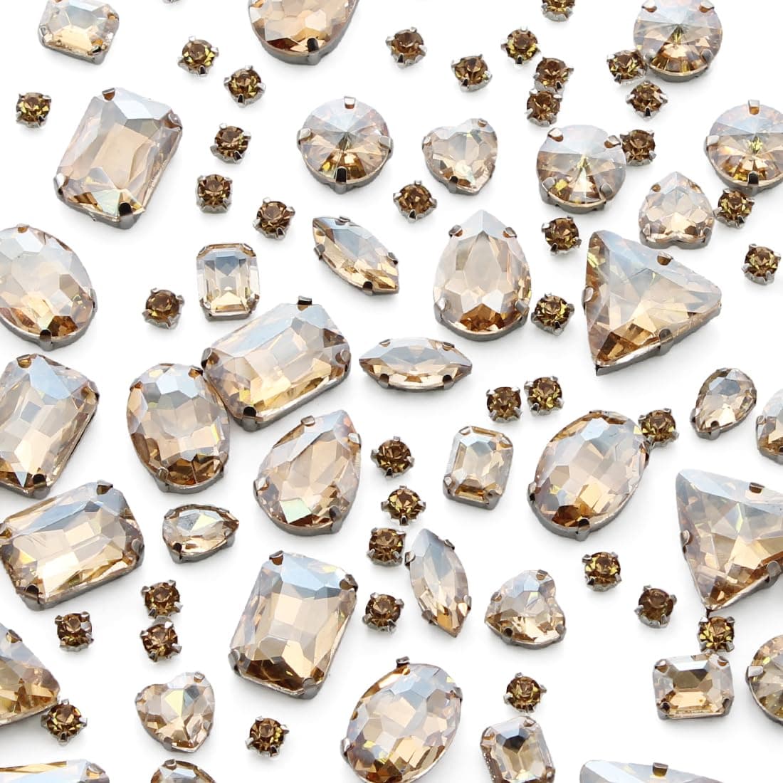 TANOSII Sew on Rhinestones 100 PCS Mixed Shapes Glass Rhinestones Sew on Crystal Gems Mental Flatback with Silver Claw for Jewelry Crafts Clothes Shoes Costume Garment Champagne