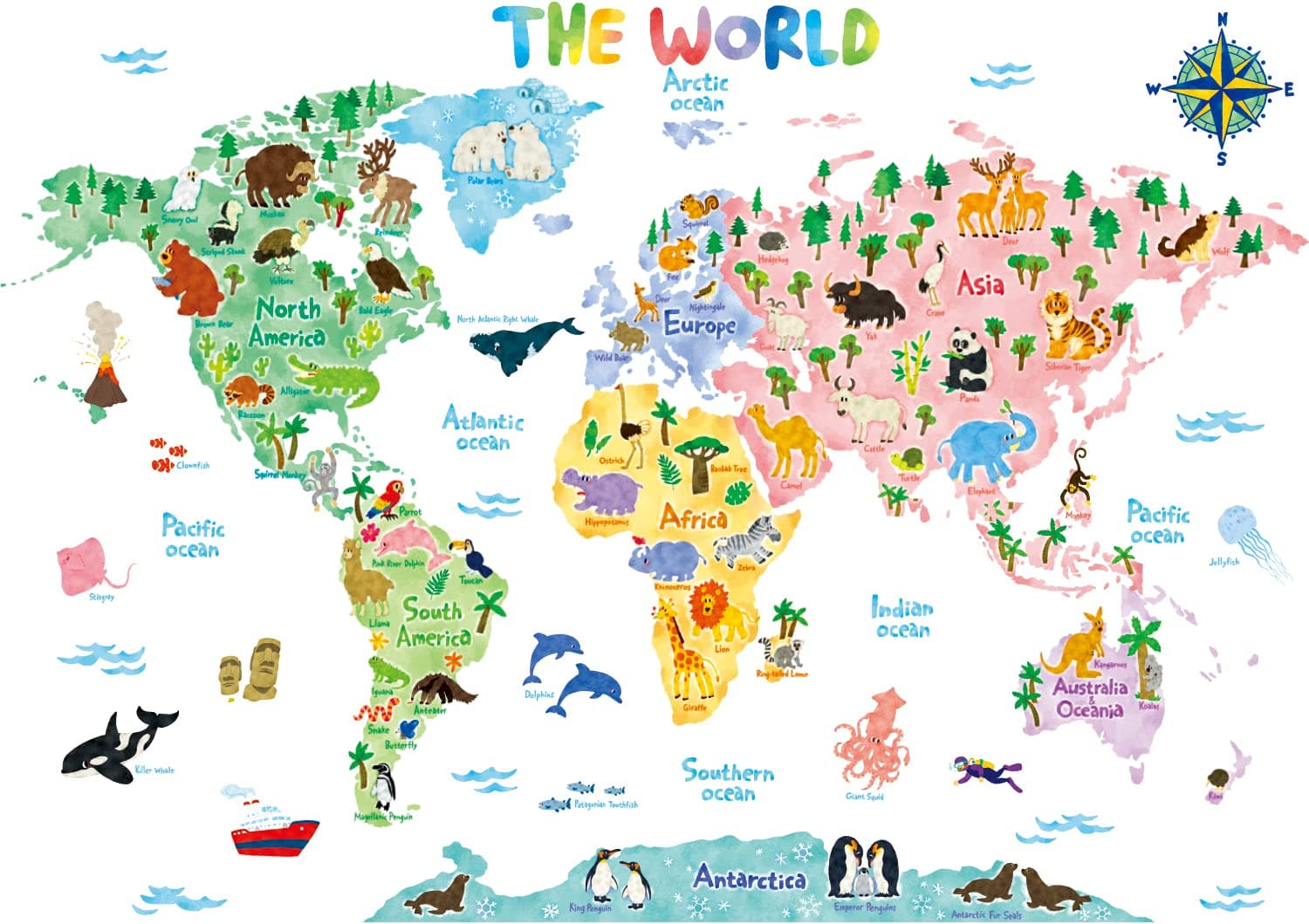 DECOWALL SG2-1615S Animal World Map Kids Wall Decals Wall Stickers Peel and Stick Removable Wall Stickers for Kids Nursery Bedroom Living Room (Large)