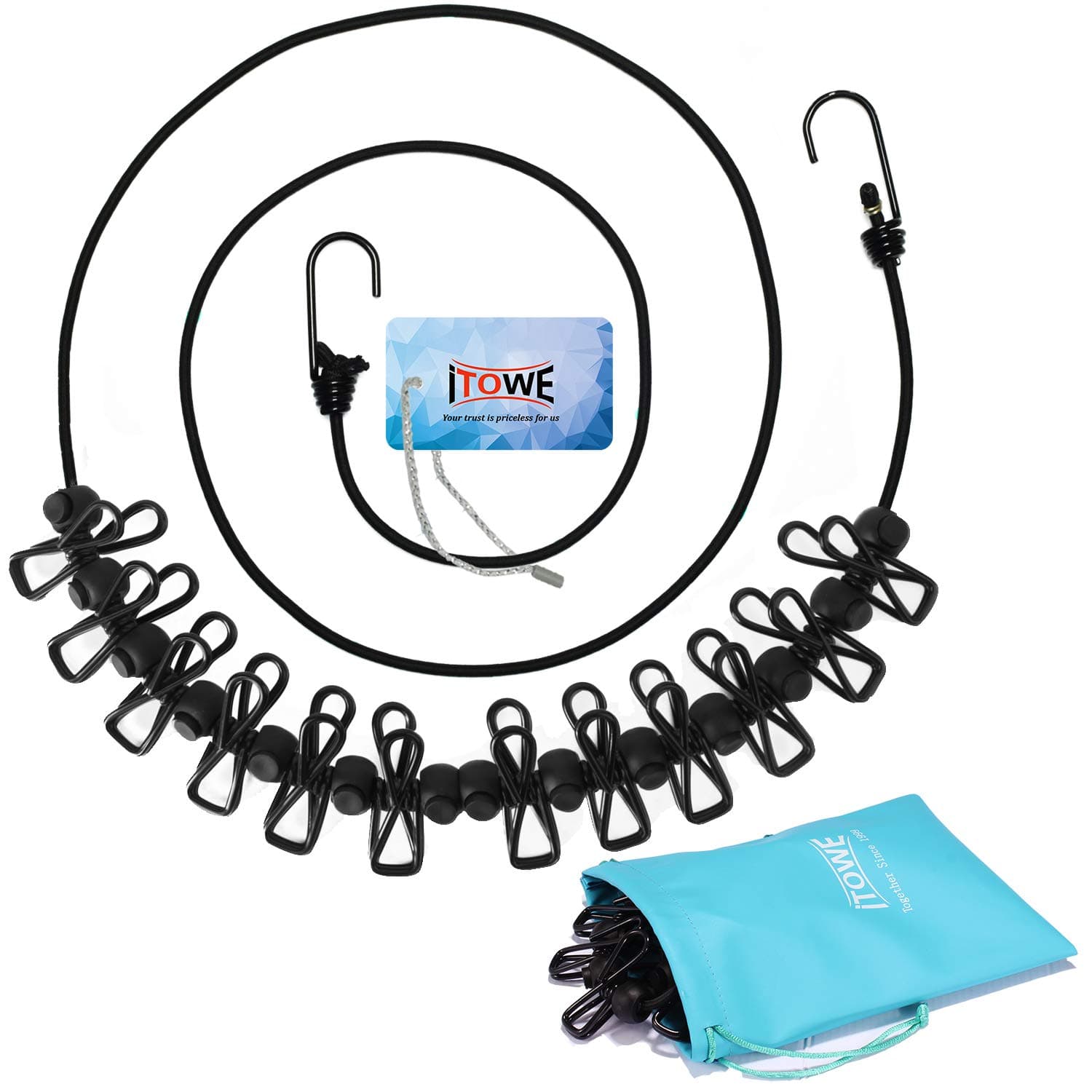 ITOWE Travel Clothesline Portable Clothesline Elastic Clothesline Adjustable Clothesline with 12pcs Travel Clothespins for Outdoor and Indoor Clothesline with Windproof Peg Bungee Clothesline