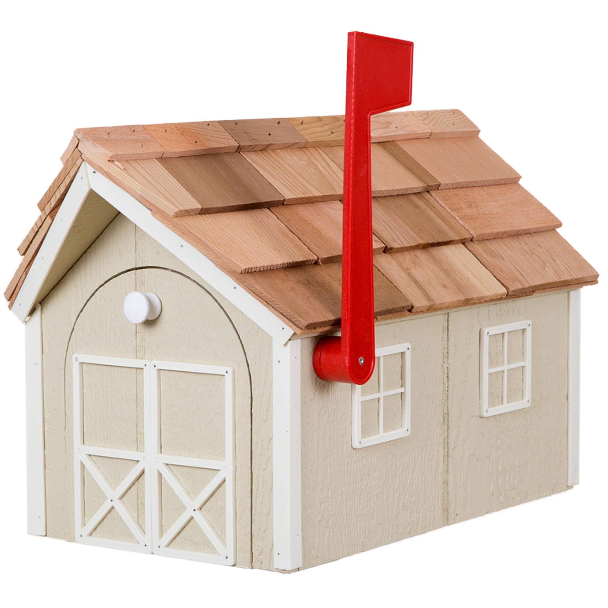 Amish Cedar Roof Wooden Mailbox with Window & Door Trim (Beige with White Trim)