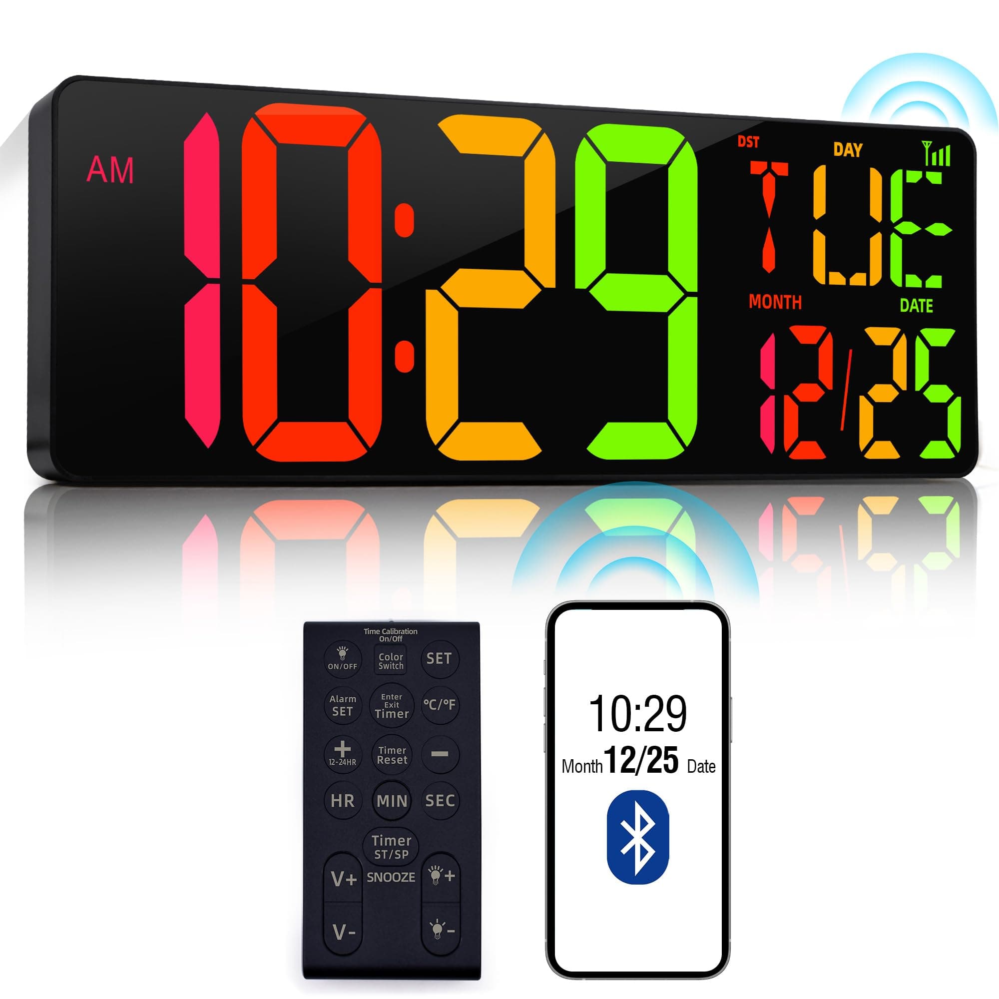 Large Digital Wall Clock 17.2" Bluetooth Auto Time Sync Led Digital Clock Large Display 11 RGB Colors Digital Calendar Auto-Dimming/DST Big Timer With Remote For Living Room Classroom Decor Garage