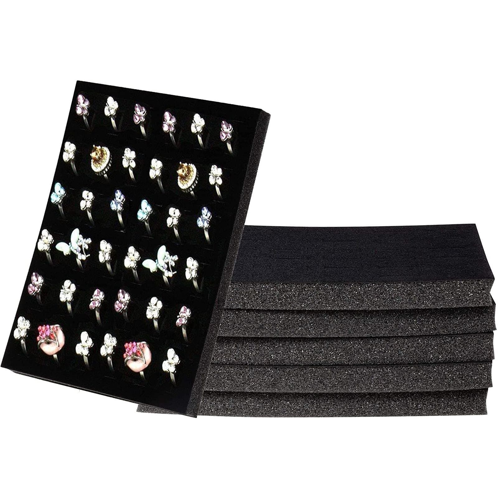 Juvale Rectangular Velvet Jewelry Foam Insert - 36-Slot Jewelry Display Tray - Plush Velvet Earring Organizer Insert - Compact Accessory Storage - 6 Pack, 7.5" x 5.5" x 0.5", Black