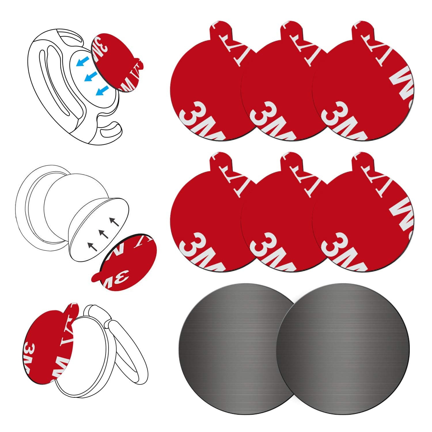 Pops Sticky Adhesive Replacement for Car Mount, Volport 6 Pack 3M Dots VHB Sticker Pads Double Sided Tape for Magnetic Dashboard Cell Phone Holder Wall Socket Base with 2 Pack Round Metal Plate Discs