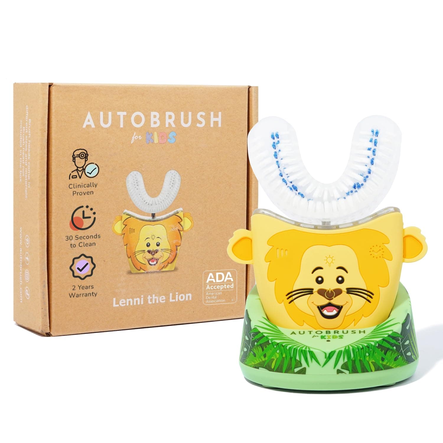 AutoBrush Sonic Pro U Shaped Kids Electric Toothbrush, Unique 360° Nylon Bristles with 3 cleaning modes, Teeth Whitening LED-Lights, Waterproof Design, Plays Music (Double-Sided), Ages 6-8, Lion