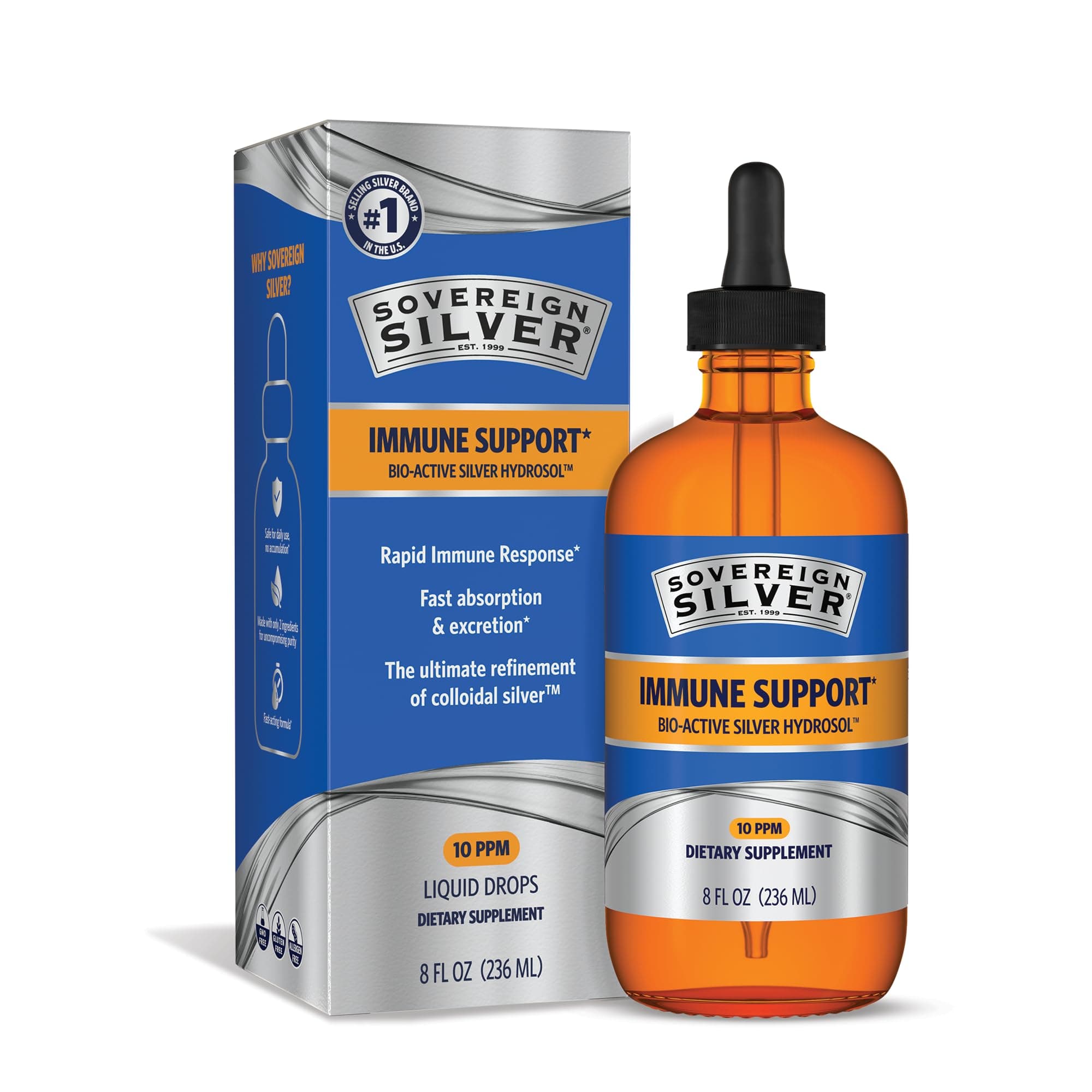 Sovereign Silver Immune Support - Colloidal Silver, Bio-Active Silver Hydrosol, 10 ppm, Liquid Dropper, 8 Fl Oz, (236 mL)