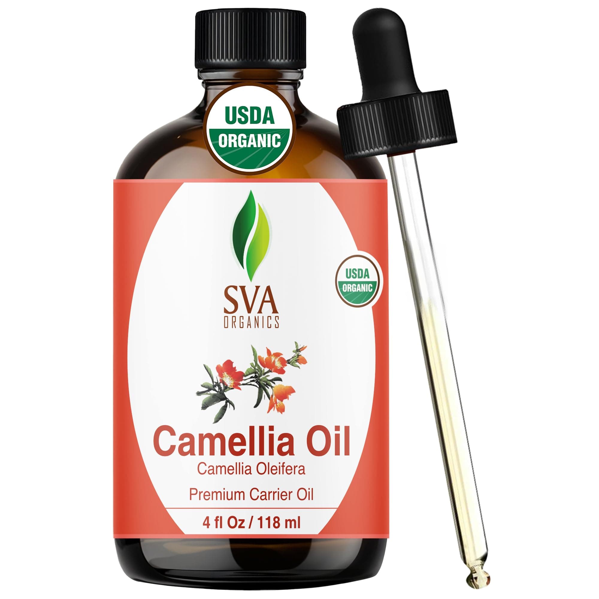 SVA Organics Camellia Oil Organic USDA 4 Ounce Pure Natural Cold Pressed Carrier Oil for Skin Care, Hair, Face Cleanser, Shampoo