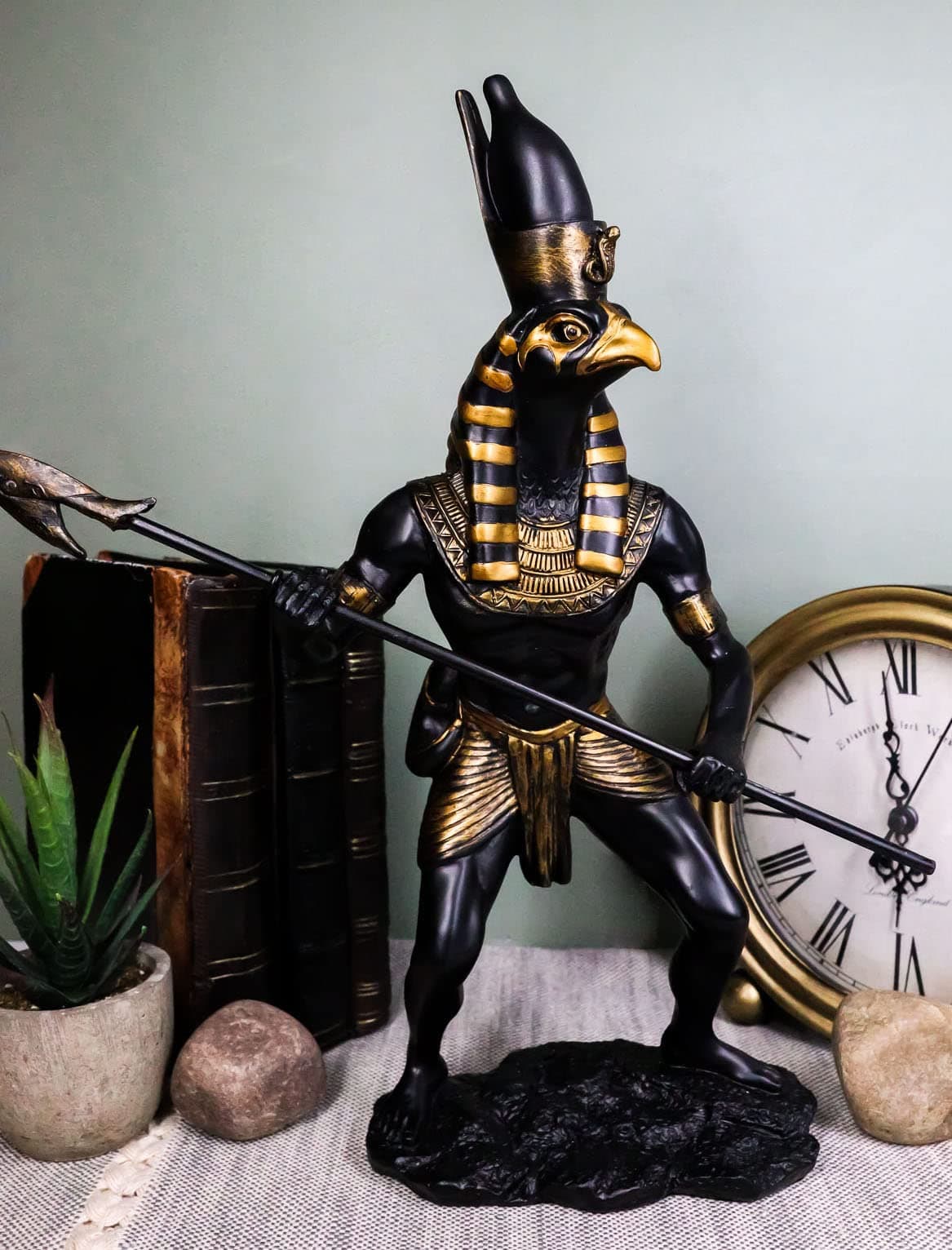 Ebros GiftEgyptian Mythology God Horus Ra with Pschent and Spear Statue in Classical Black and Gold Finish Gods of Egypt Deity of War and Sky Falcon Heru Figurine 12" Tall Home Decor Sculpture