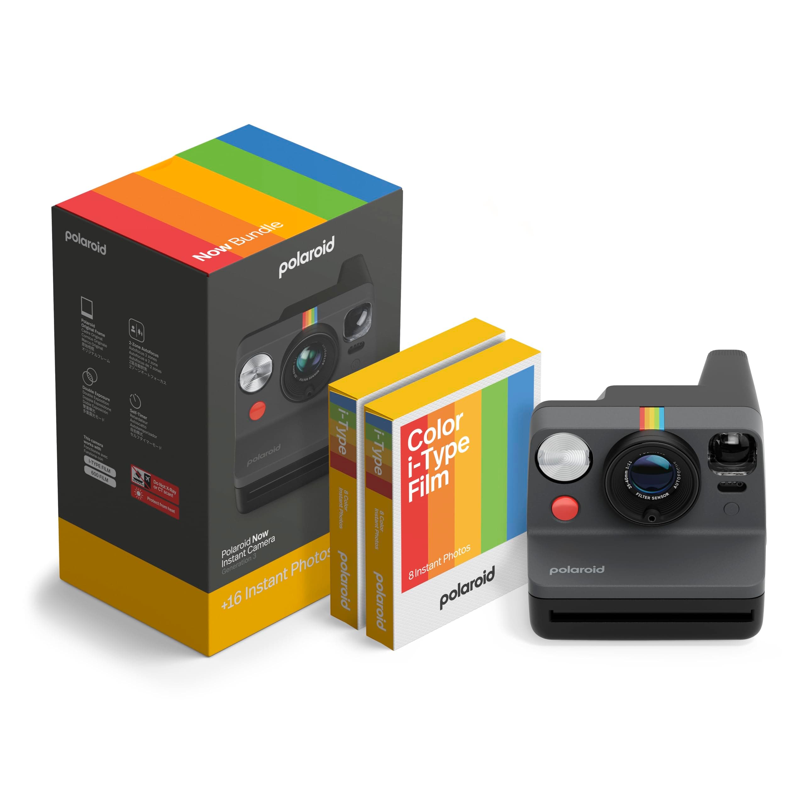Now 3rd Generation I-Type Instant Camera + Film Bundle - Now Black Camera + 16 Color Photos (6560)