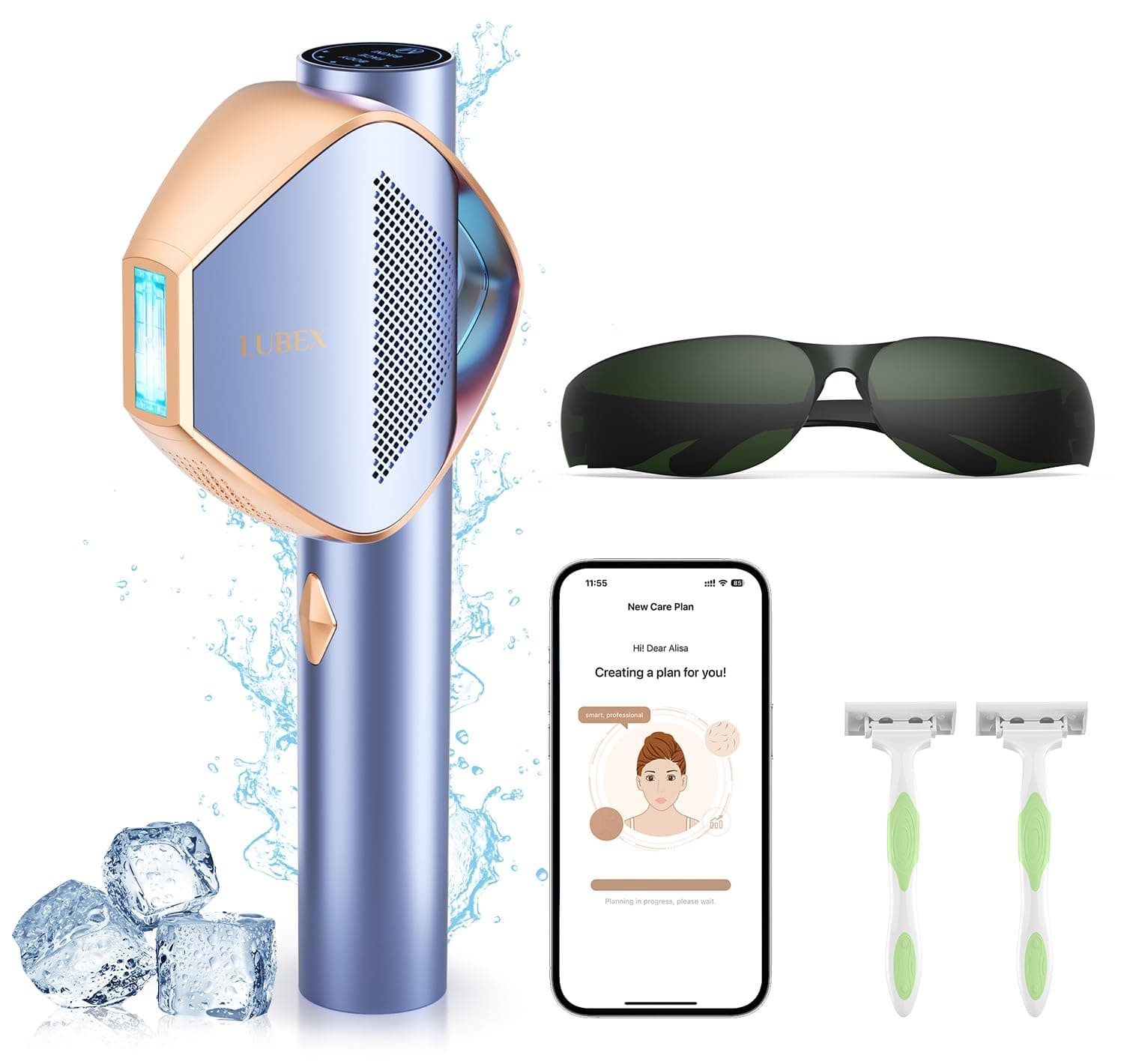 LUBEX Smart Permanent IPL Laser Hair Removal for Woman and Men, Painless Sapphire Ice-Cooling, Alternative to Salon, Bikini Shaver, Facial Epilator for Armpits Back Legs Arms Face Bikini Glow 6 A+