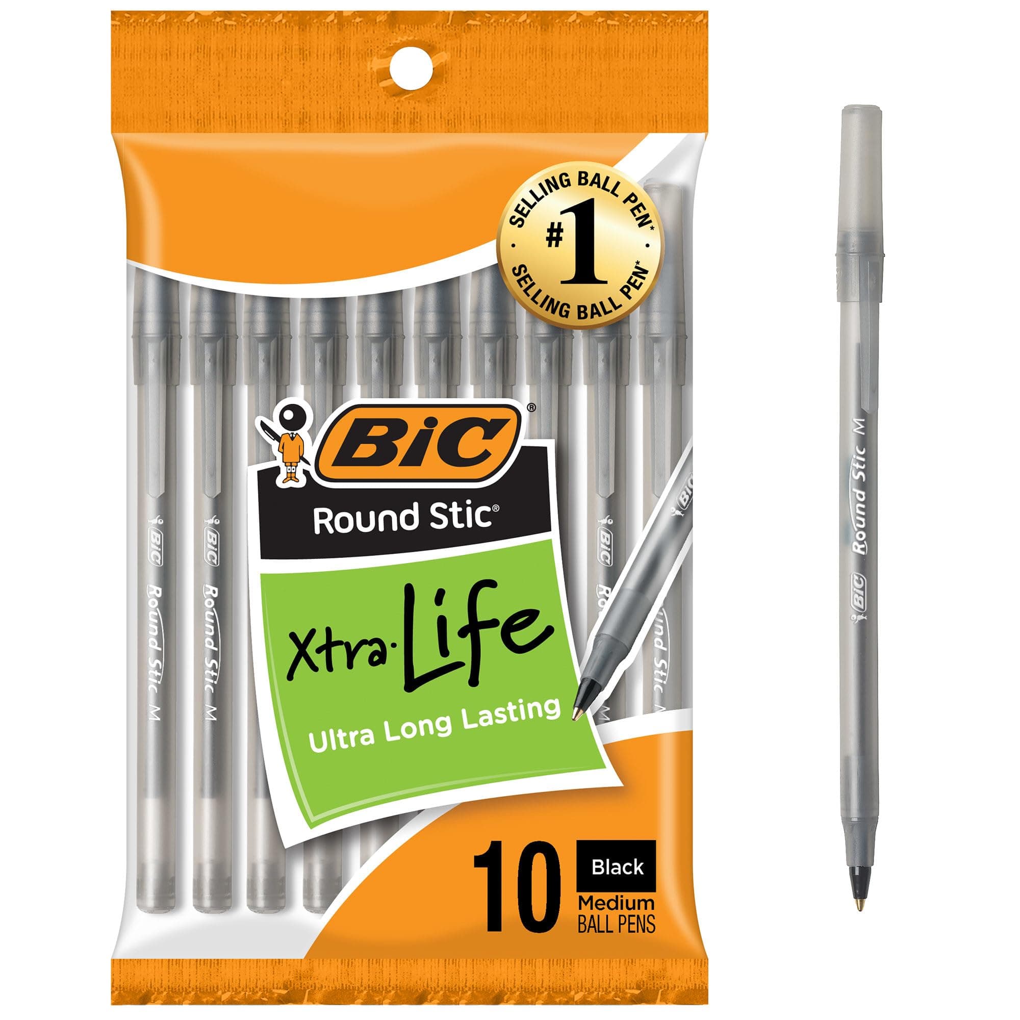 Round Stic Xtra Life Black Ballpoint Pens, Medium Point (1.0mm), 10-Count Pack of Bulk Pens, Flexible Round Barrel for Writing Comfort, No. 1 Selling Ballpoint Pens