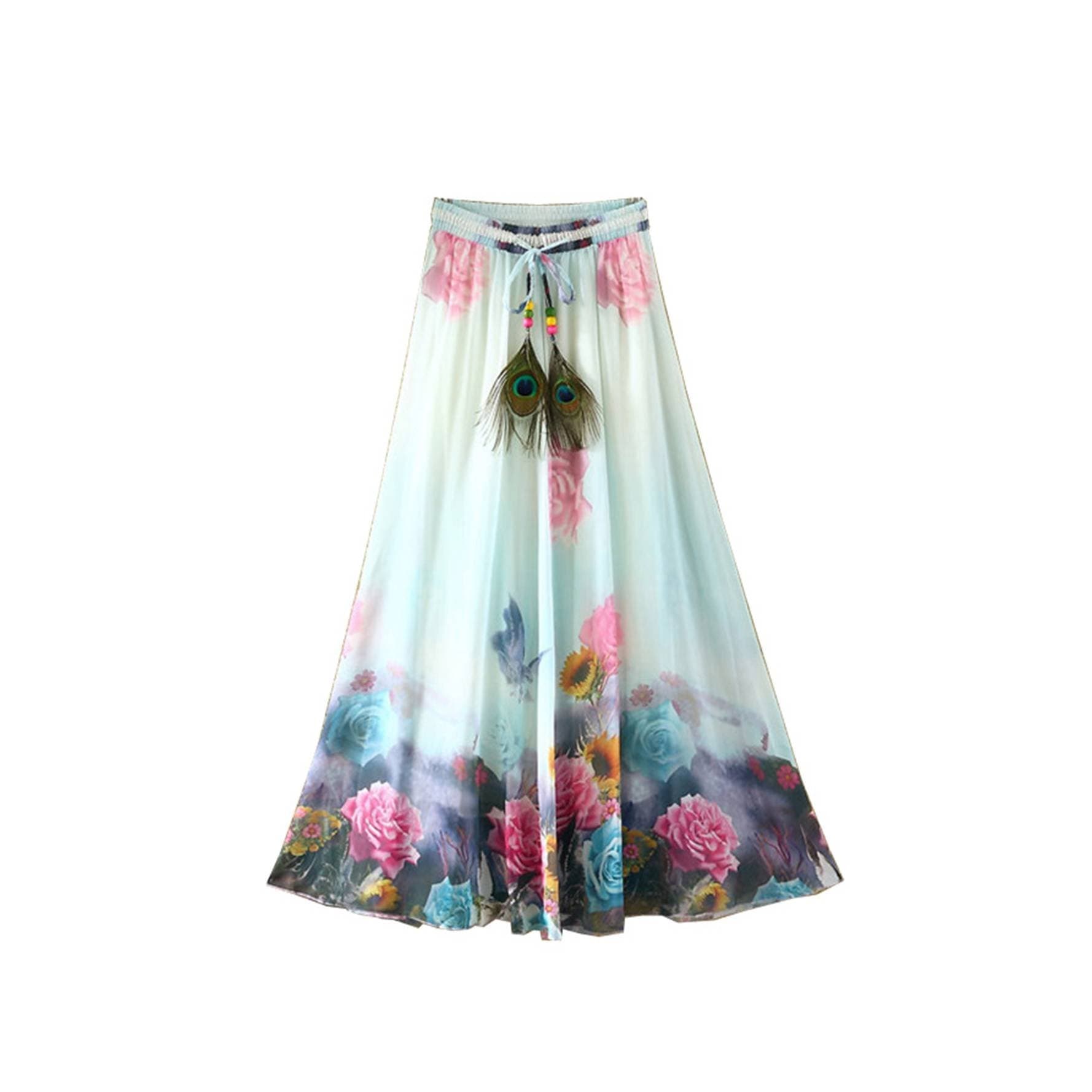 Women's Peacock Feather Boho Chinese Painting Beach Maxi Long Skirt (Sky Blue Butterfly)