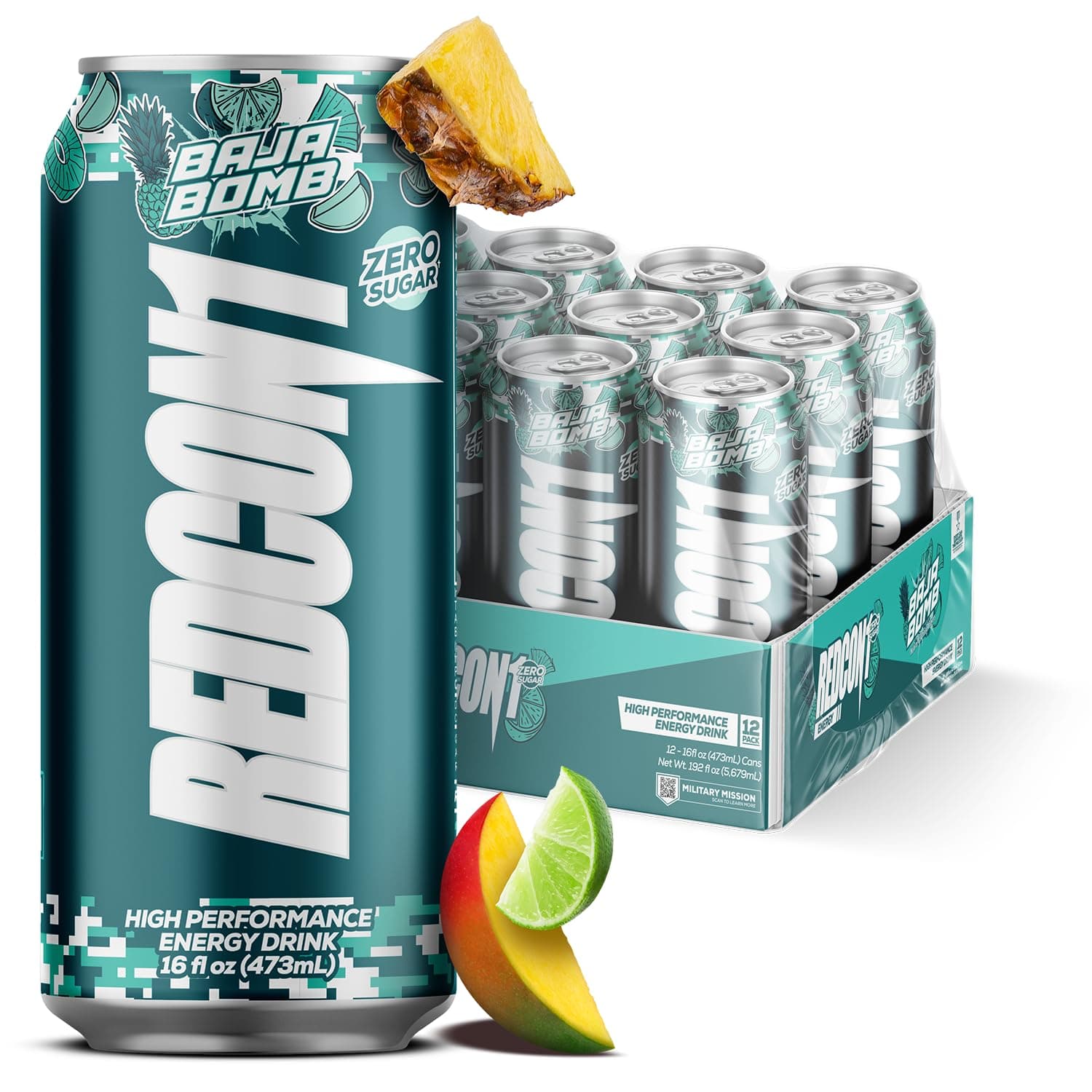 REDCON1 Energy High Performance Drink, Baja Bomb - Zero Sugar Energy Drink with Alpha GPC Nootropic - 200mg of Natural Caffeine from Green Coffee Beans - Vitamin B6, B12 & B5 to Boost Mood (12 ct)