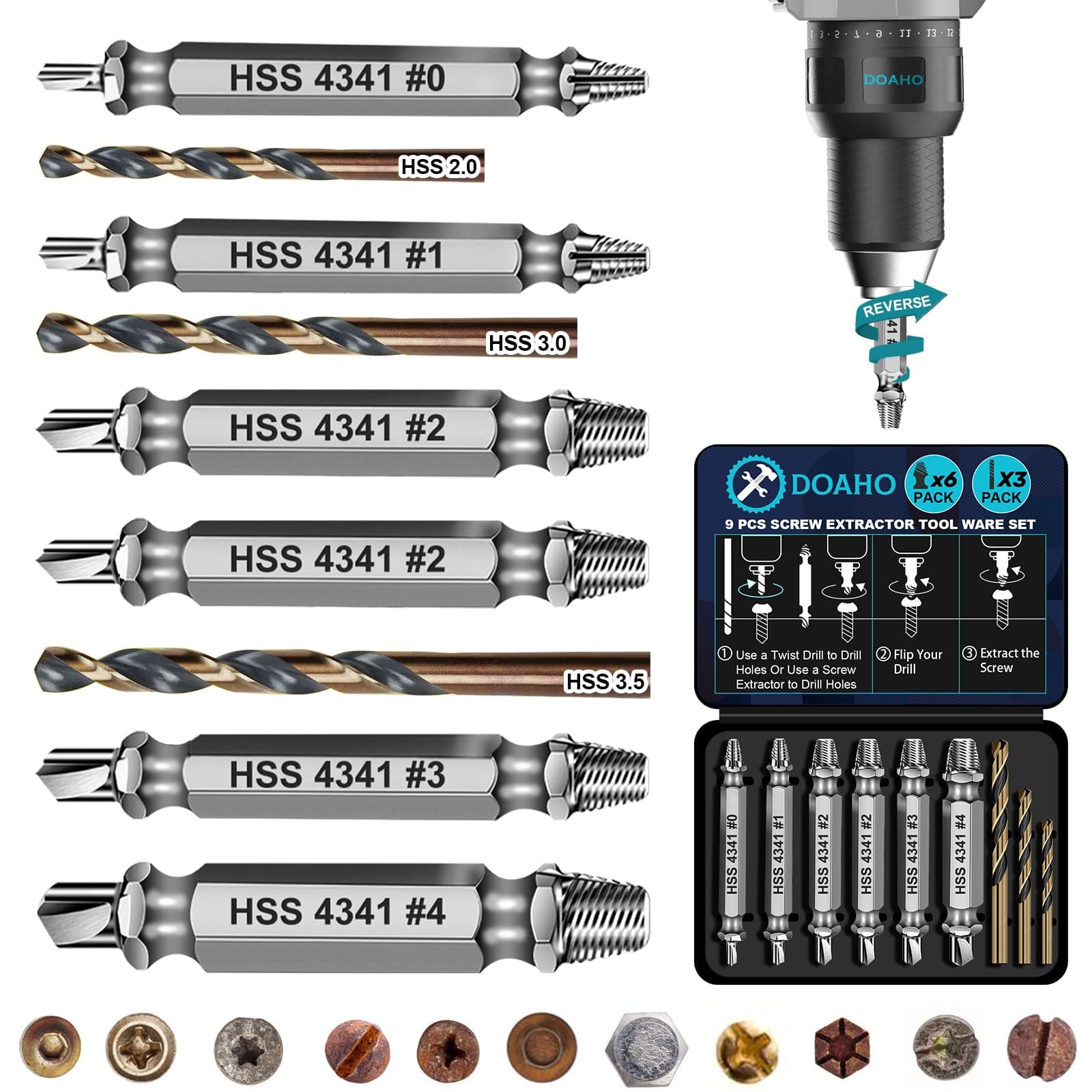 9 PCS Damaged Screw Extractor Set,6 PCS HSS 4341 Screw Extractor Remover Kit and 3 PCS Twist Drill Bit Kit for Stripped Screws & Drill Bit Tools,Holiday or Birthday Gift for Men