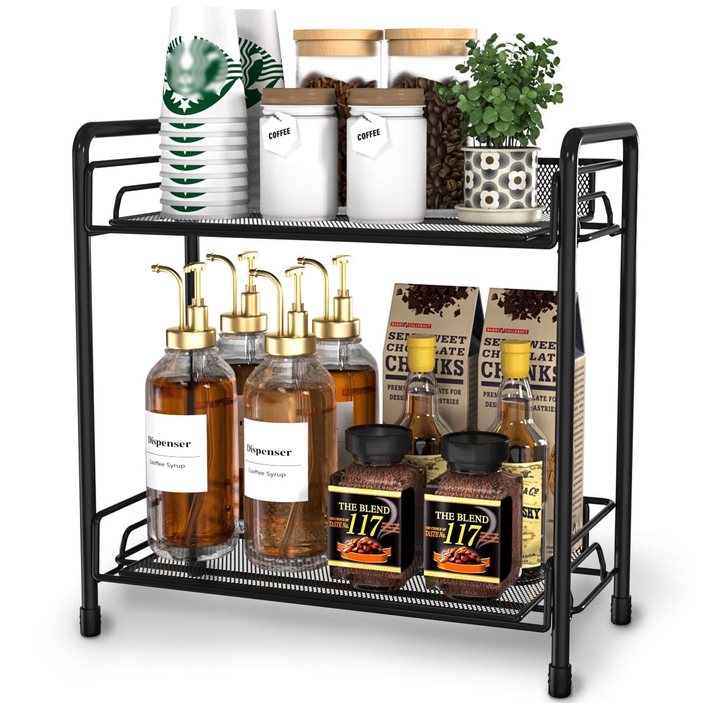 Coffee Stand Station Organizer for Countertop,Coffee Bar Organizer Accessories Shelves for Kitchen Counter 2 Tier(Black)