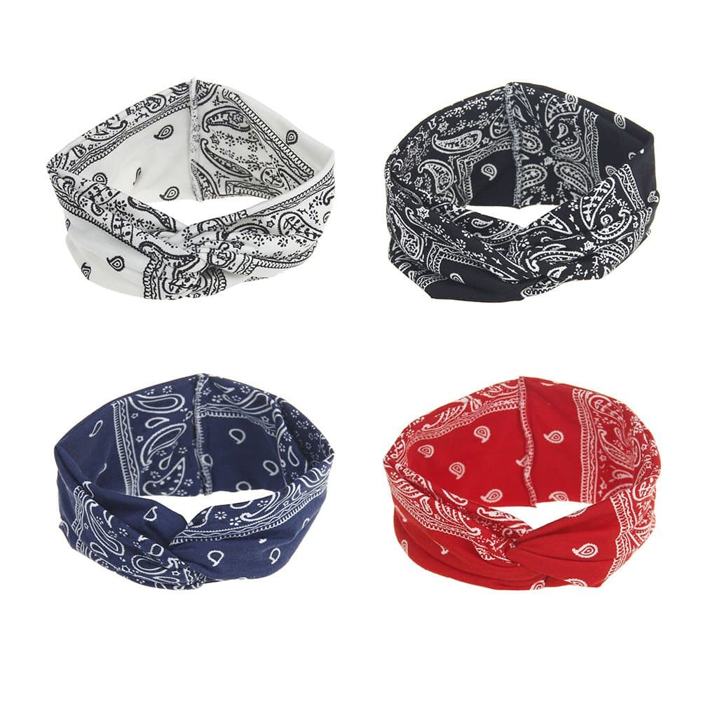 Assorted Paisley Print Wide Bandana Knot Headbands Criss Cross Head Wrap Hair Band (4 Colors Pack A)
