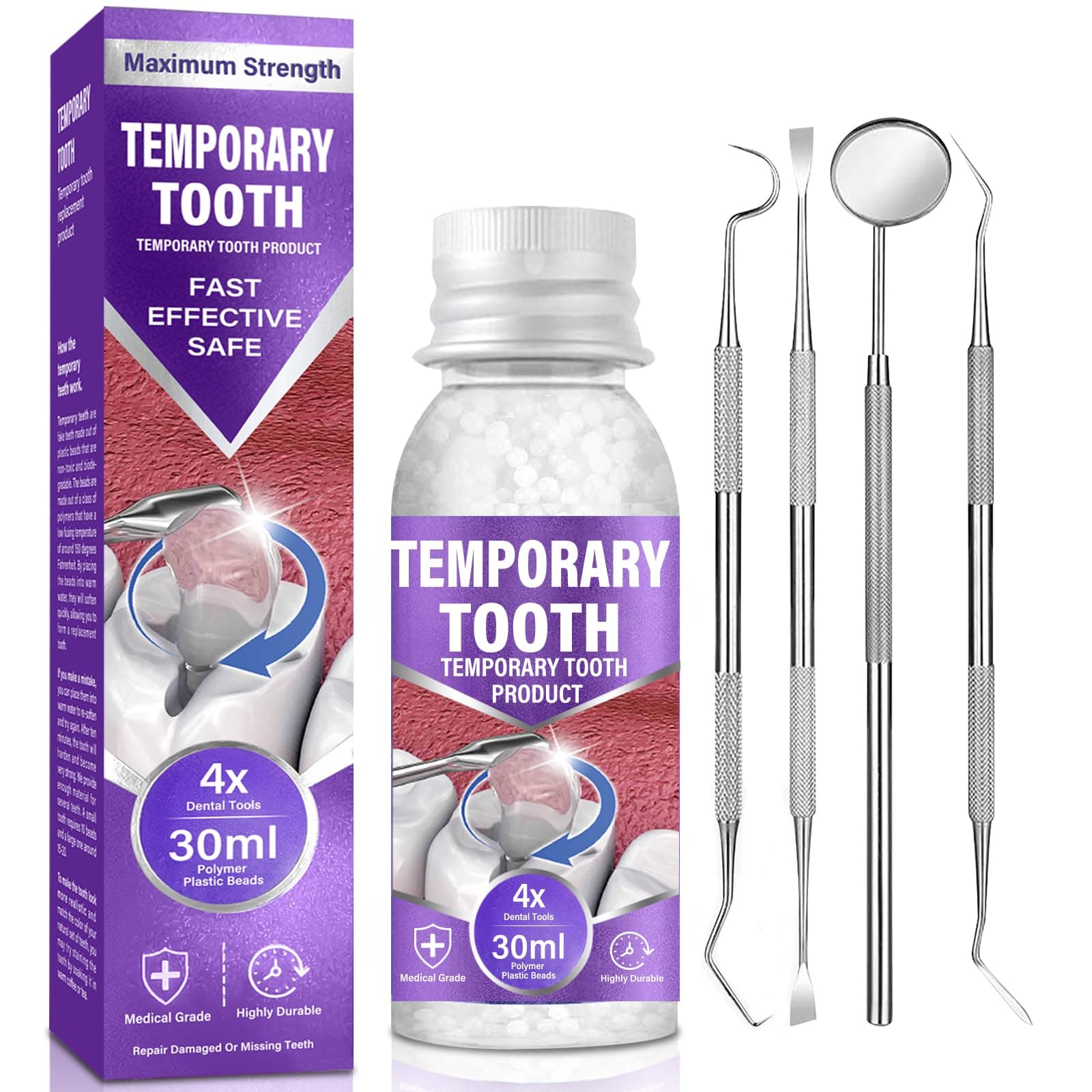 Tooth Repair Kit-for Broken Teeth, Moldable False Teeth-Filling Repair Kit, Fake Teeth DIY at Home, Fixing Missing & Broken Tooth Replacements, with 4 Dental Tools