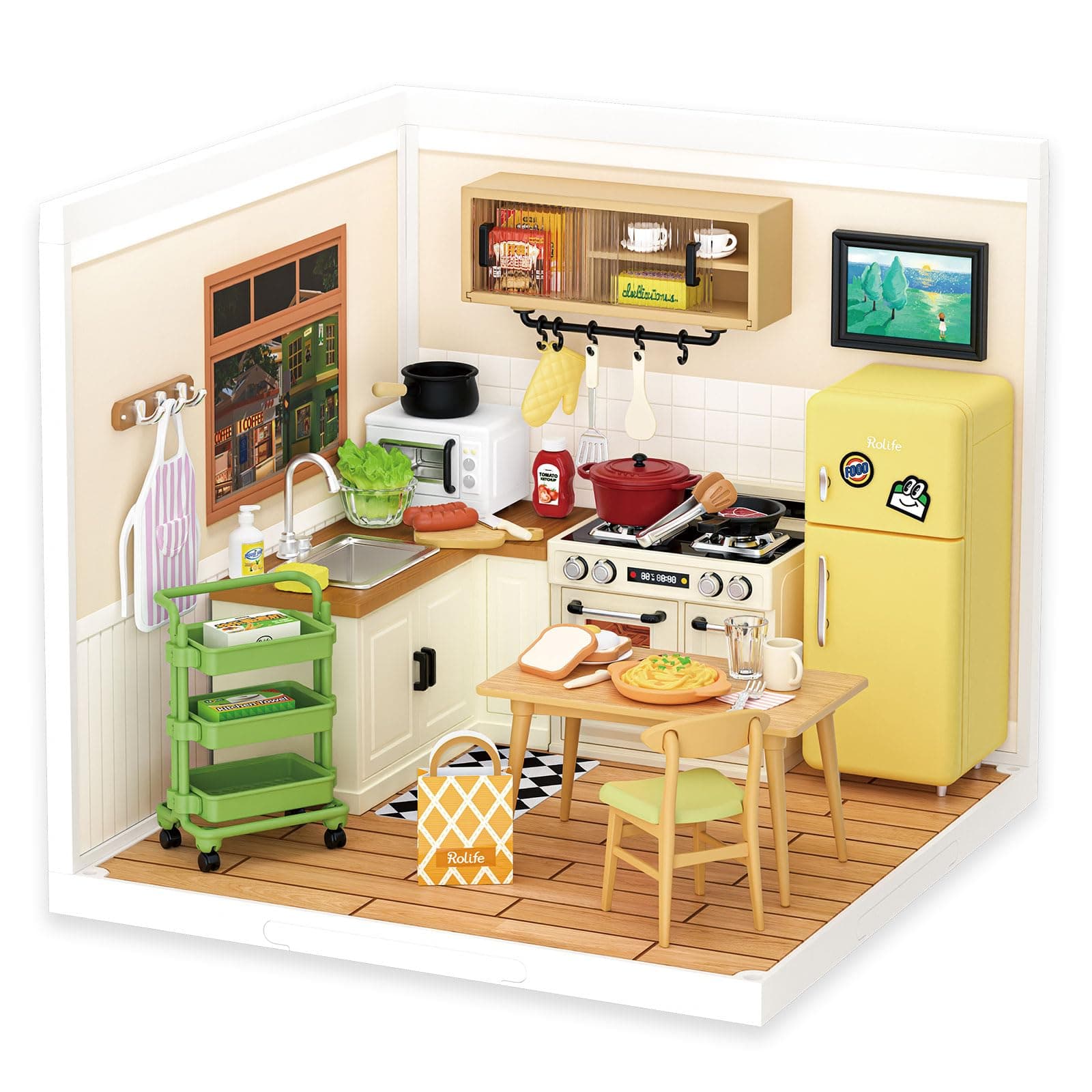 DIY Miniature Plastic House Building Set Toys Playset with LED Suitable for Mini Figures Construction Toys Diorama Kit Gifts for Teens Adults (Happy Meals Kitchen)