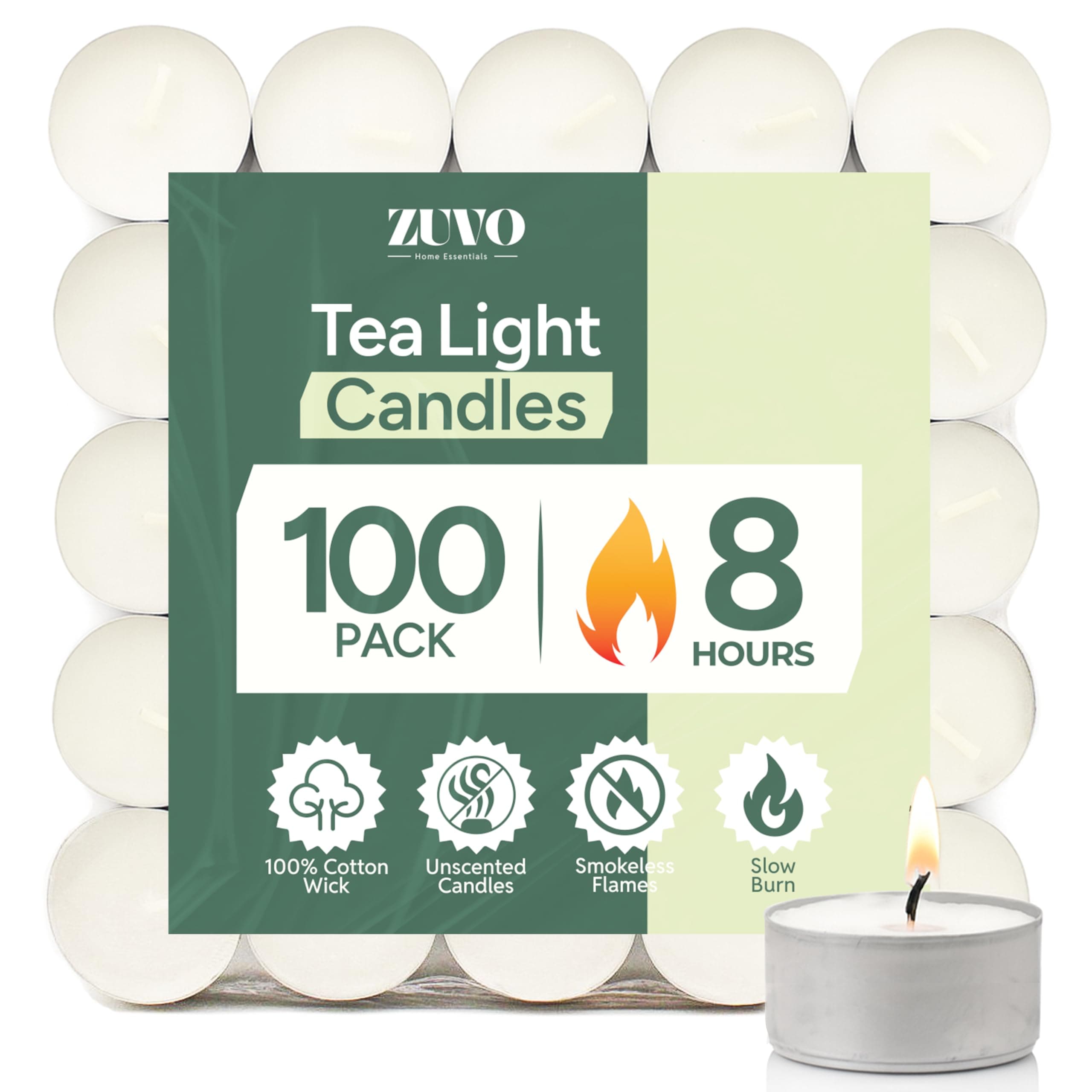8 Hour Tea Lights Candles (100 Pack) - White Long Lasting Tea Lights - Smokeless & Unscented Candles - Party Candles- for Weddings - 3.8 x 2.3 CM, 8hr