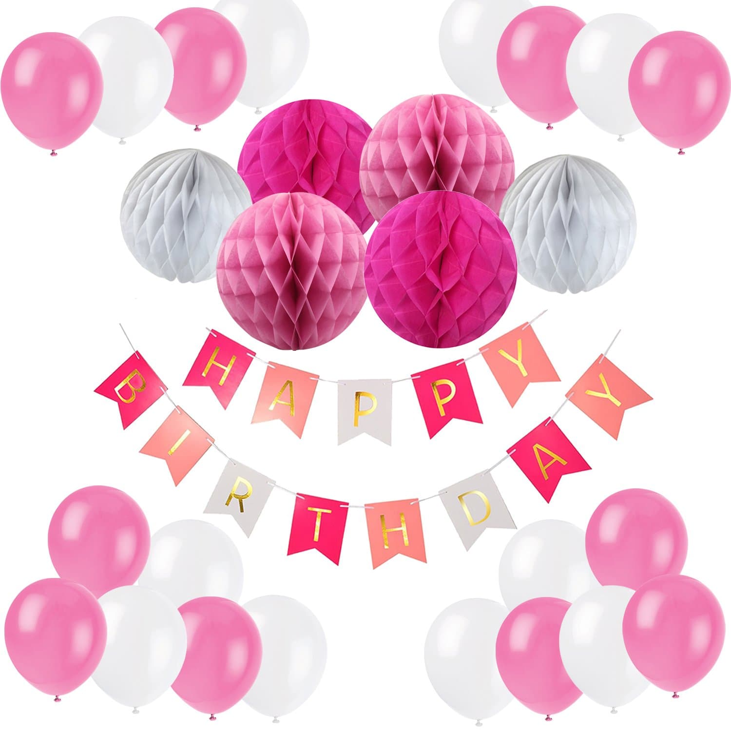Recosis Happy Birthday Bunting Banner with 20 Pieces Latex Party Balloons and 6 Pieces Honeycomb Balls for Birthday Party Decorations (Pink)
