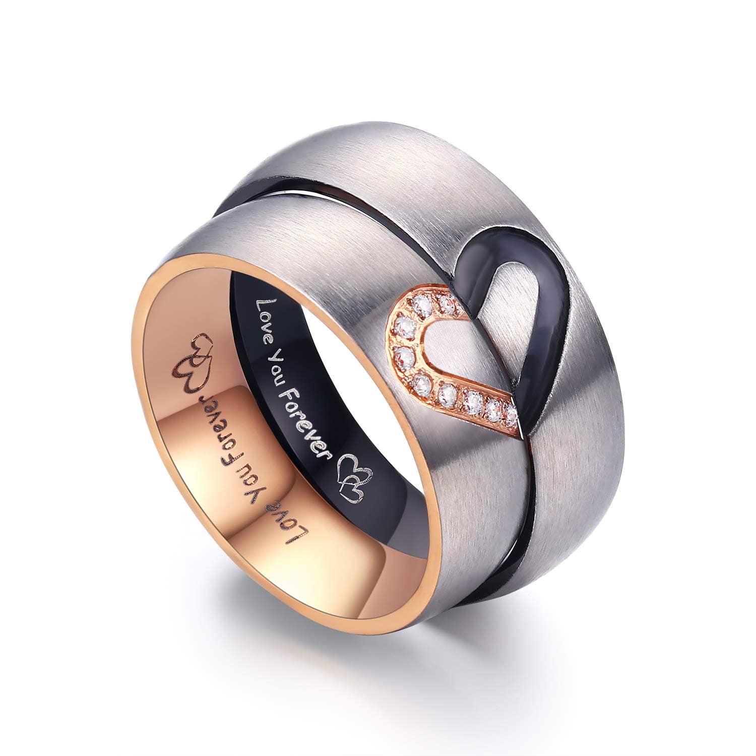LAVUMO Matching Promise Rings for Couples Love You Forever Wedding Bands Sets for Him and Her Half Heart Rings Stainless Steel 6mm with Box Comfort Fit