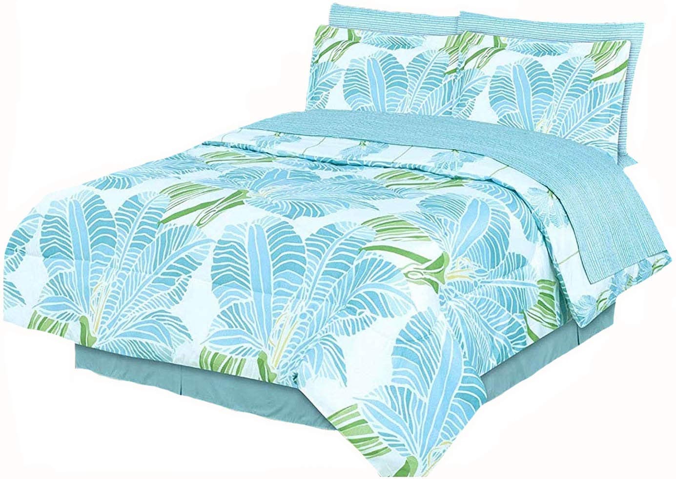 Coastal Paradise Blue Tropical Palm Tree Leaves 8pc Comforter (101" X 86") Bed in A Bag Set