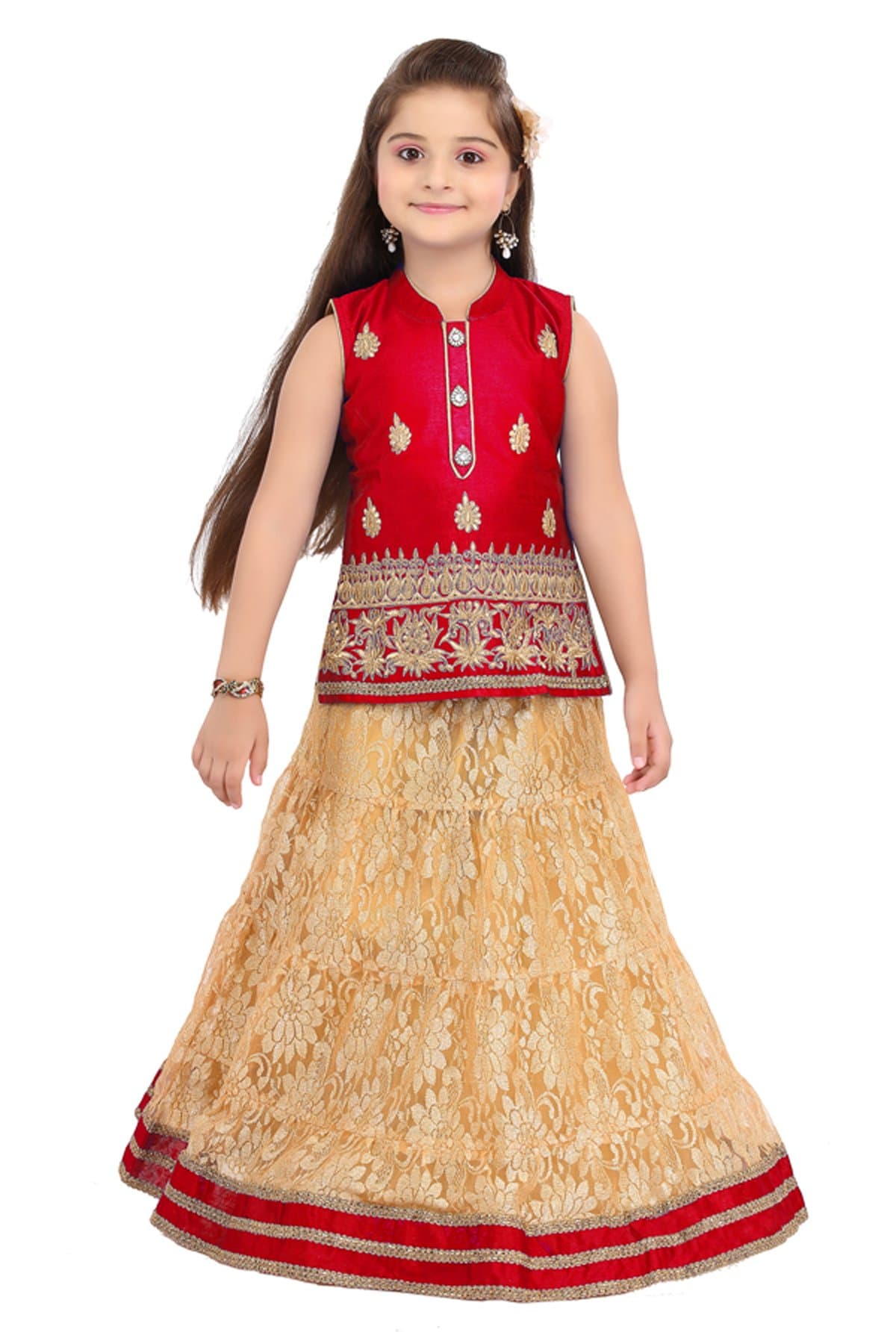 ETHNICAL KIDS Girls' Indian Ethnic Wear Dupion And Netted Fabric Lehenga Choli Red