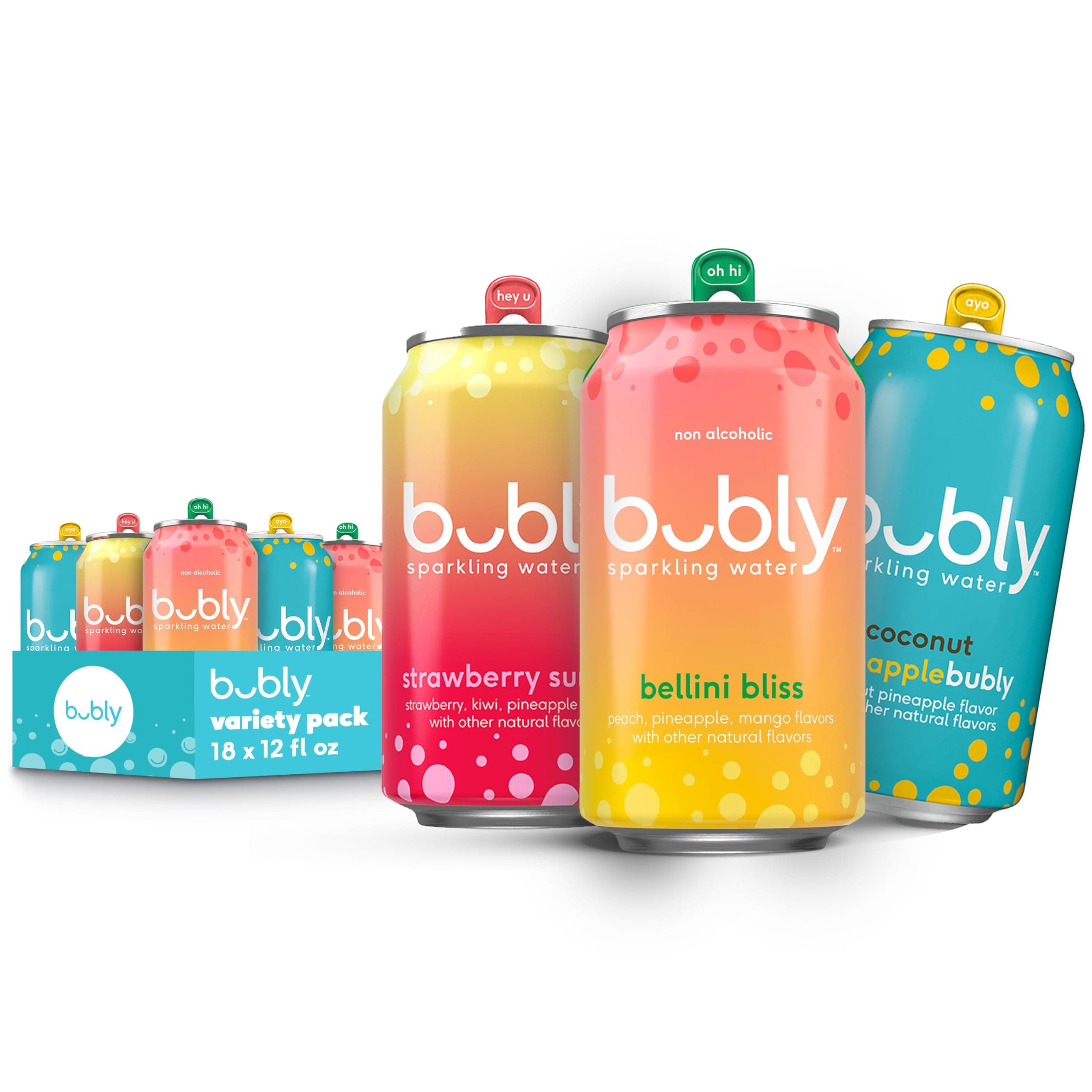 Sparkling Water, 3 Flavor Variety Pack (Bellini, Strawberry Sunset, Coconut Pineapple), Zero Sugar & Zero Calories, 12 Fl Oz Cans (Pack of 18)