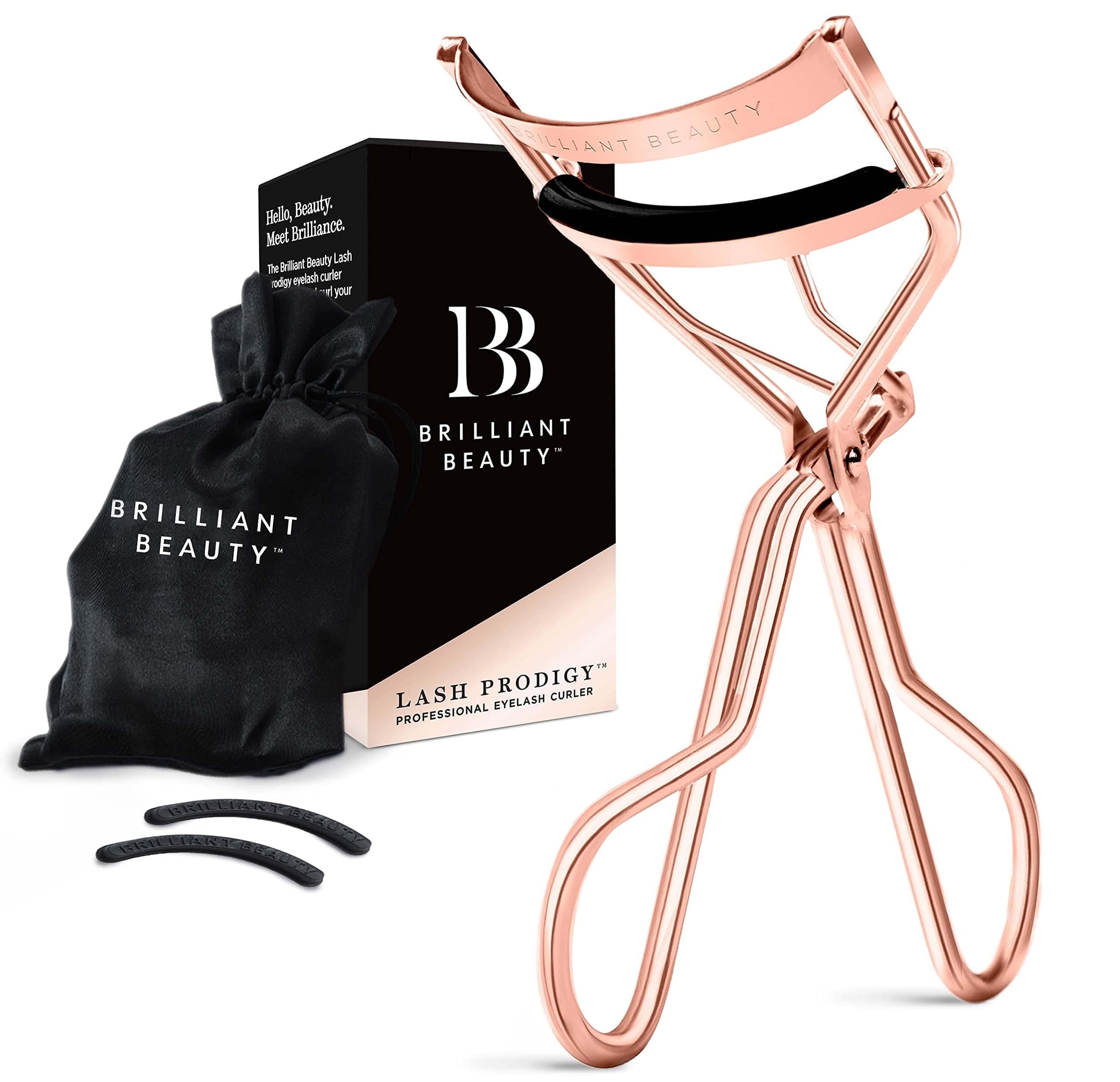 Brilliant Beauty Eyelash Curler with Satin Bag & Refill Pads - Award Winning - No Pinching, Just Dramatically Curled Eyelashes for a Lash Lift in Seconds (Rose Gold)
