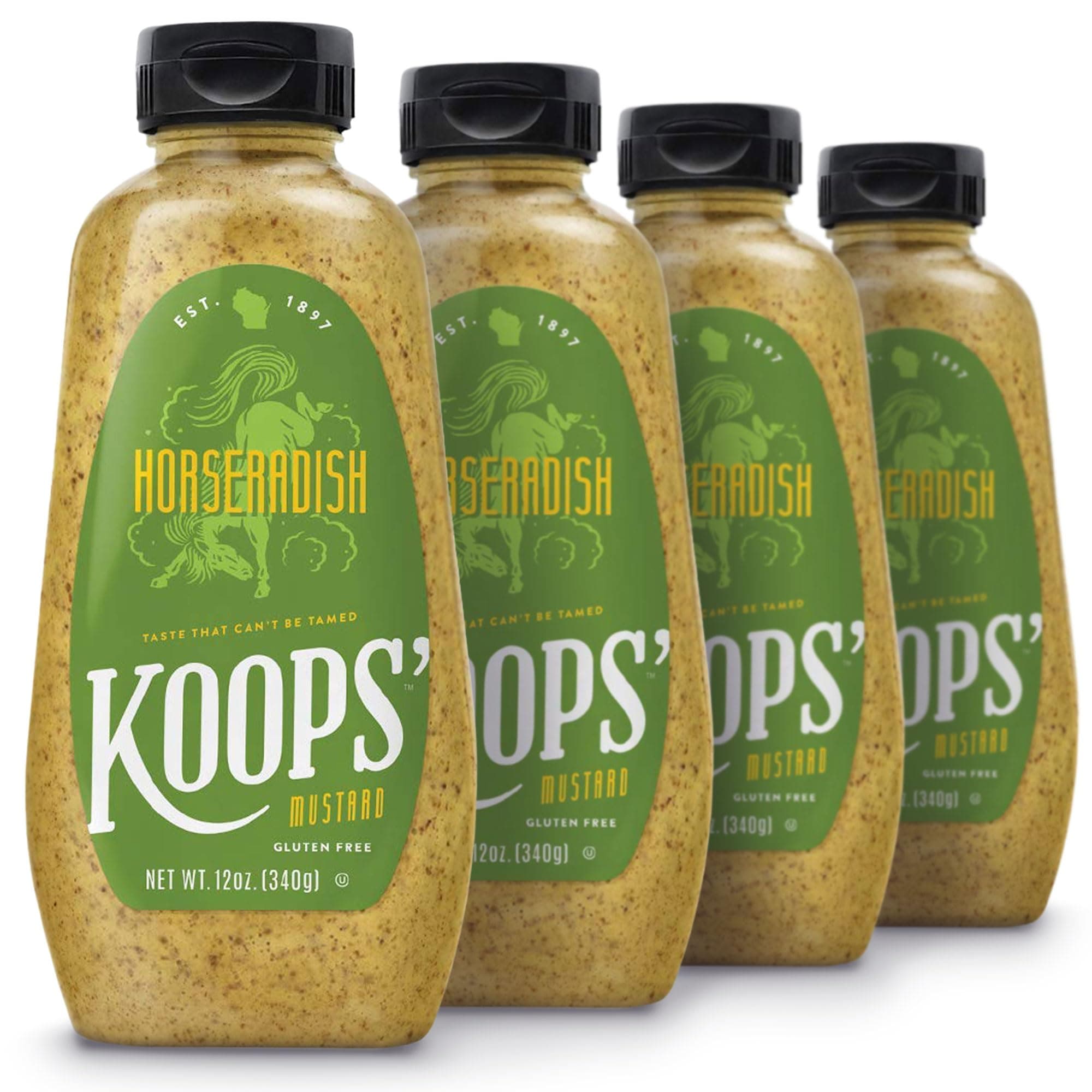 Koops' Horseradish Mustard – Bold and Zesty Horseradish Sauce, Gluten-Free, Kosher, Made in USA, From Quality Mustard Seeds – 12 Oz, Pack of 4