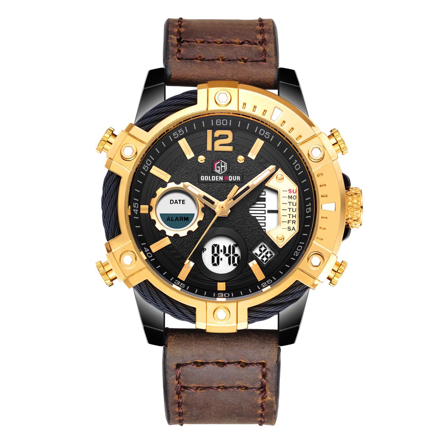 Mens Sport Watch Digital Analog Quartz Waterproof Multifunctional Military Leather Wrist Watches