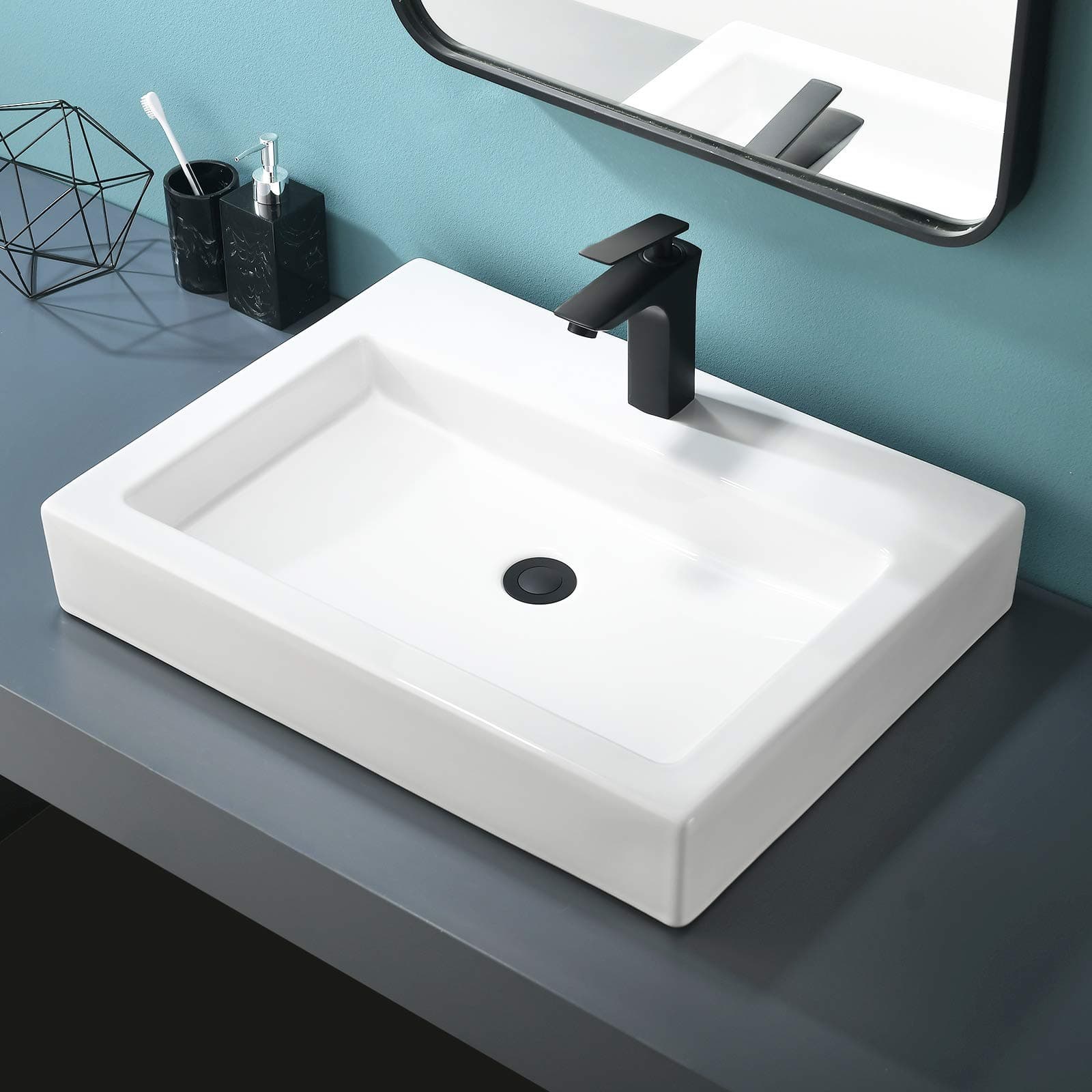 Vessel Sink, Bathroom Vessel Sink Rectangular White, 24 x18 Inch Above Counter Porcelain Ceramic Sinks, Rectangle Vanity Lavatory Bath Countertop Bathroom Sinks Bowl Basin with Faucet Hole