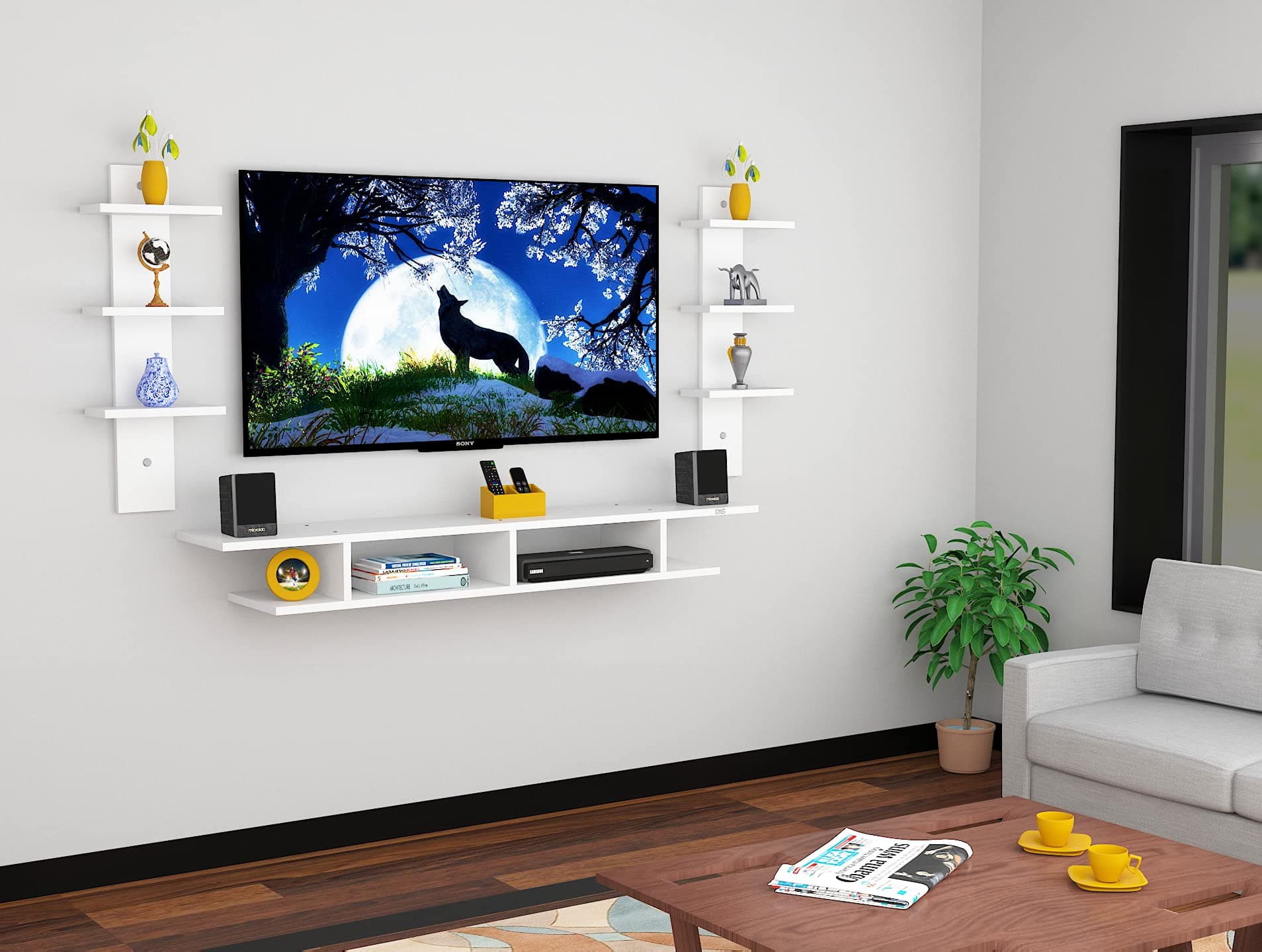 DAS Volker Wall Mount TV Entertainment Unit/with Set Top Box Stand and Wall Shelf Display Rack for Living Room Frosty White (Ideal for up to 55") Screen