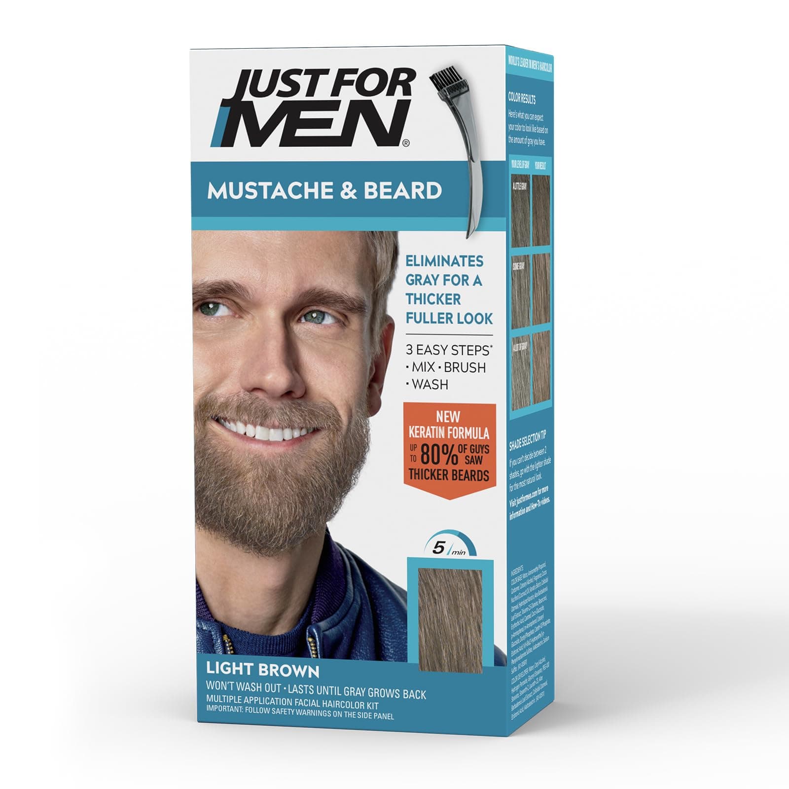 Mustache & Beard, Beard Dye for Men with Brush Included, With Keratin Biotin Aloe and Coconut Oil for Healthy Facial Hair - Light Brown, M-25, Pack of 1 (Packaging May Vary)