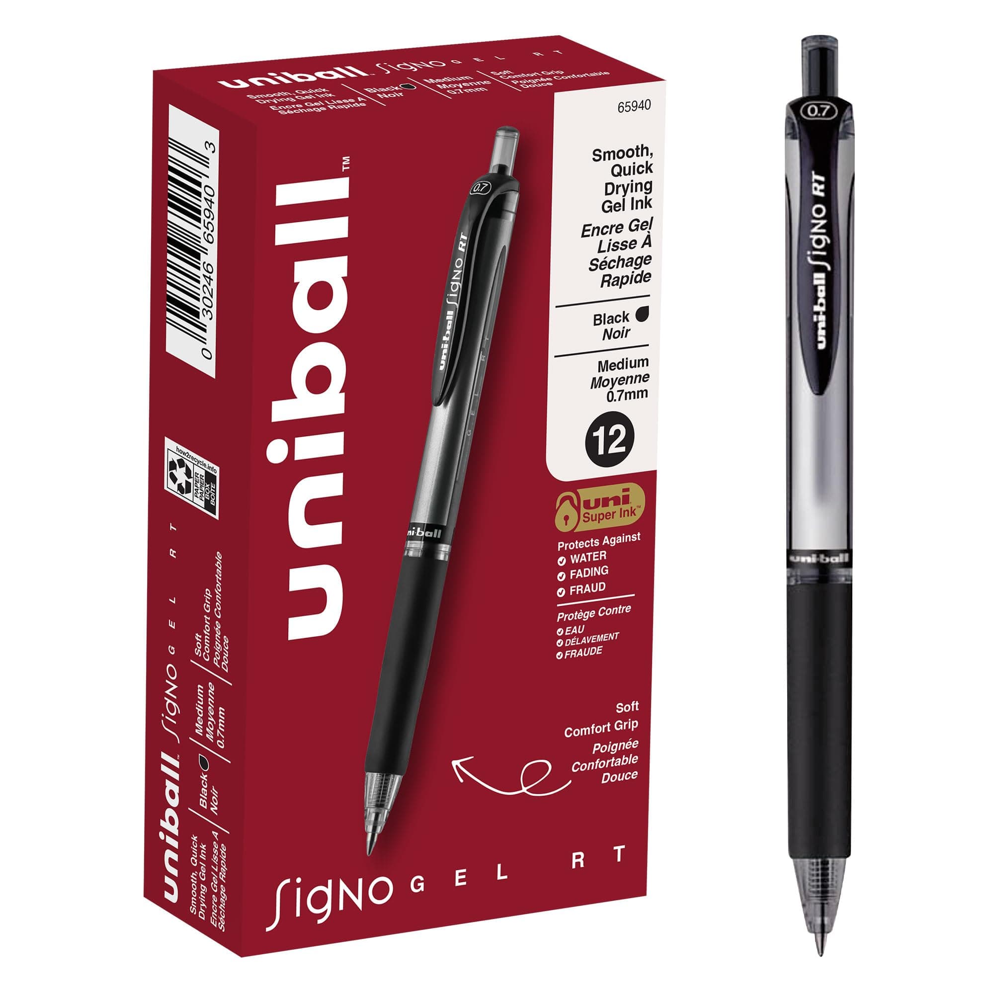 uniball Signo RT Gel Pens, Medium Point (0.7mm), Black, 12 Pack