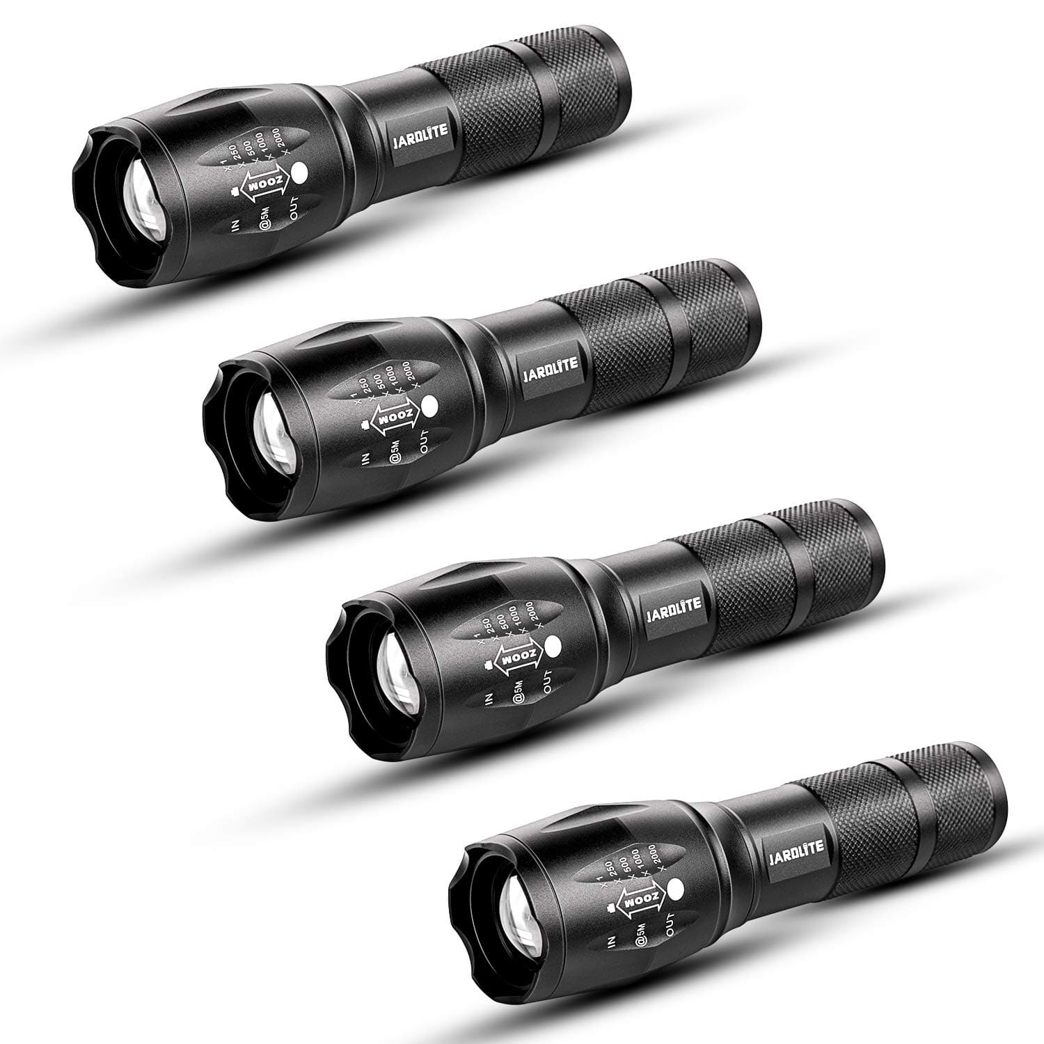 LED Emergency Handheld Flashlight, 4 Pack, Adjustable Focus, Water Resistant with 5 Modes, Best Tactical Torch for Hurricane, Camping, Dog Walking