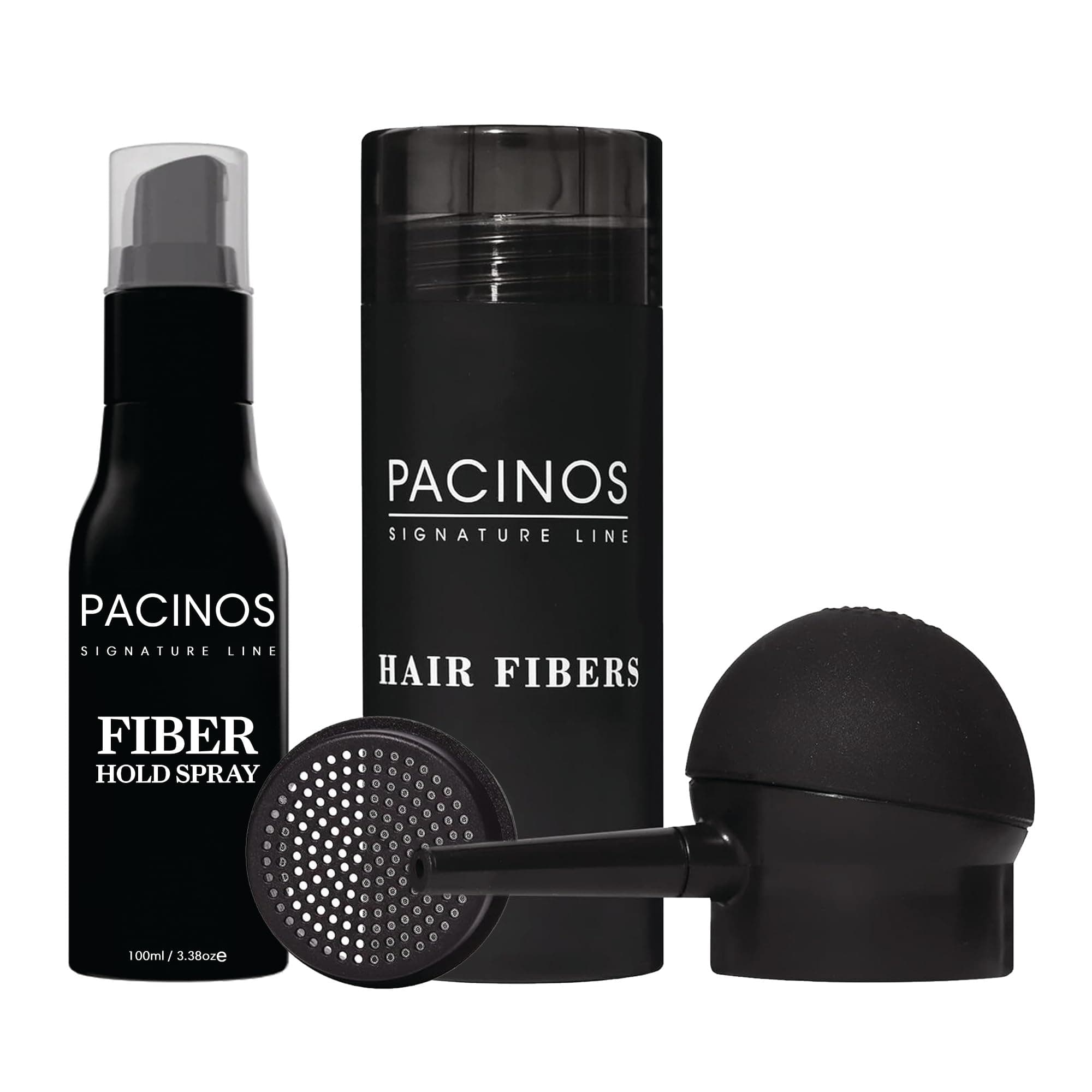 Pacinos Hair Fibers (Black) - Thickening Fibers Achieve Fuller Appearance by Concealing Thinning Hair & Bald Spots, Includes Applicator Pump Nozzle