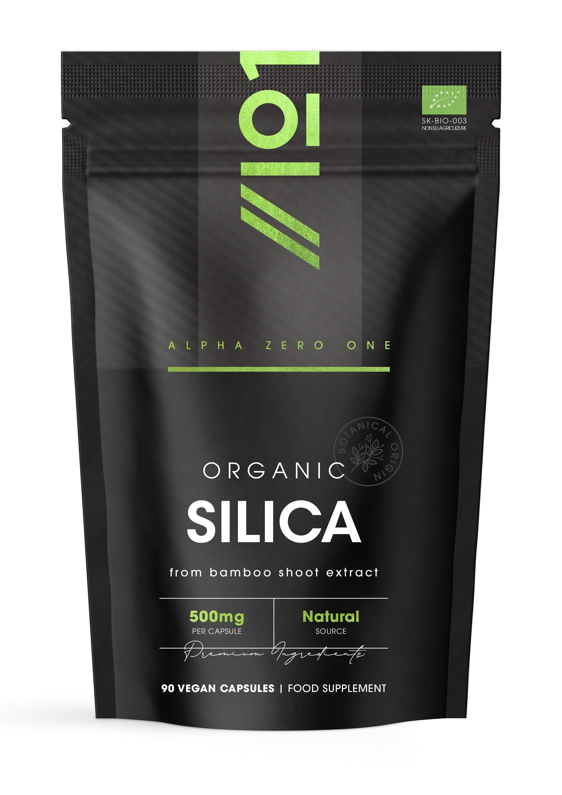 Organic Silicia 500mg - from Bamboo Shoot Extract - 90 Vegan Capsules (3 Months Supply) - Resealable and Recyclable Pouch - By Alpha01