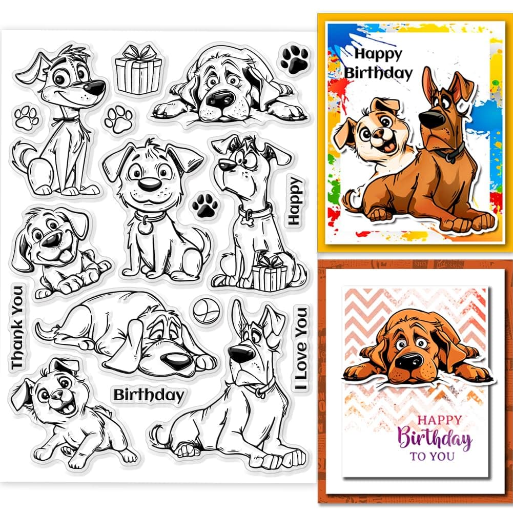 GLOBLELAND Cartoon Dog Clear Stamps for Cards Making Birthday Themed Dog Clear Stamp Seals 5.83x8.27 inch Transparent Stamp for DIY Scrapbooking Photo Album Journal Home Decoration