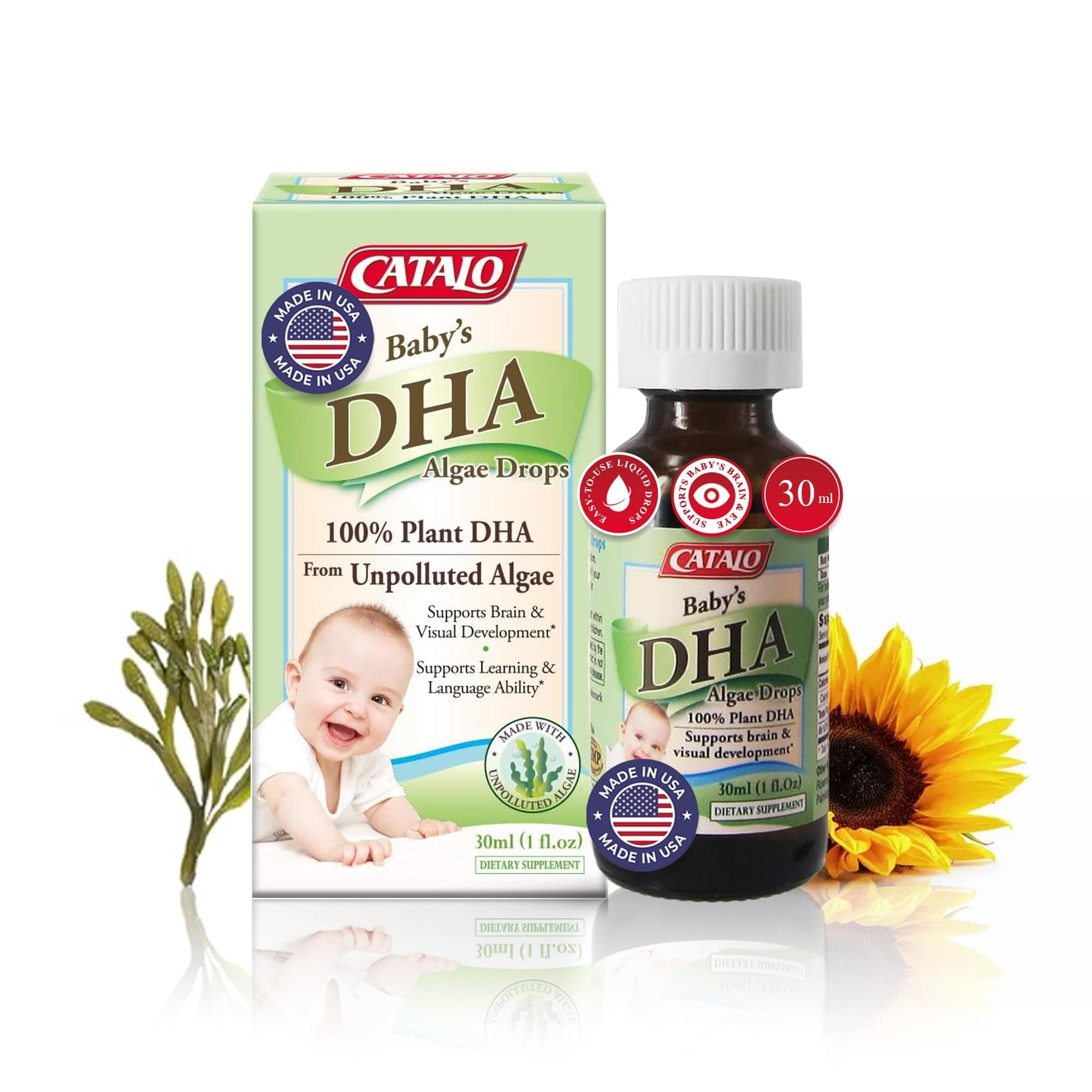 CATALO Baby’s Algae DHA Drops - Plant-Based Omega-3 Supplement for Infants - No Fish Oil, No Artificial Additives - Easy-to-Use Liquid DHA Supplements - 30ml (1 fl oz)