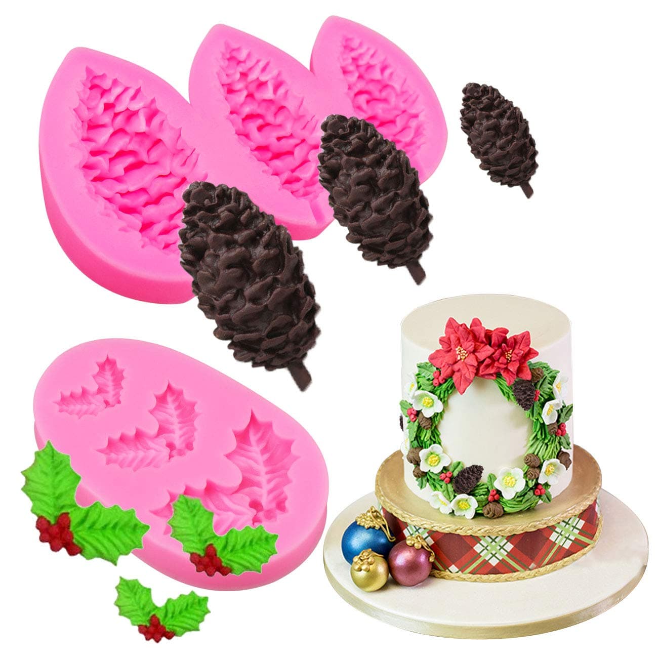 BUSOHA Christmas Silicone Molds - Christmas Holly Leafs/Pine Cone Fondant Silicone Molds Baking Chocolate Candy Sugar Craft Cake Decorations Molds